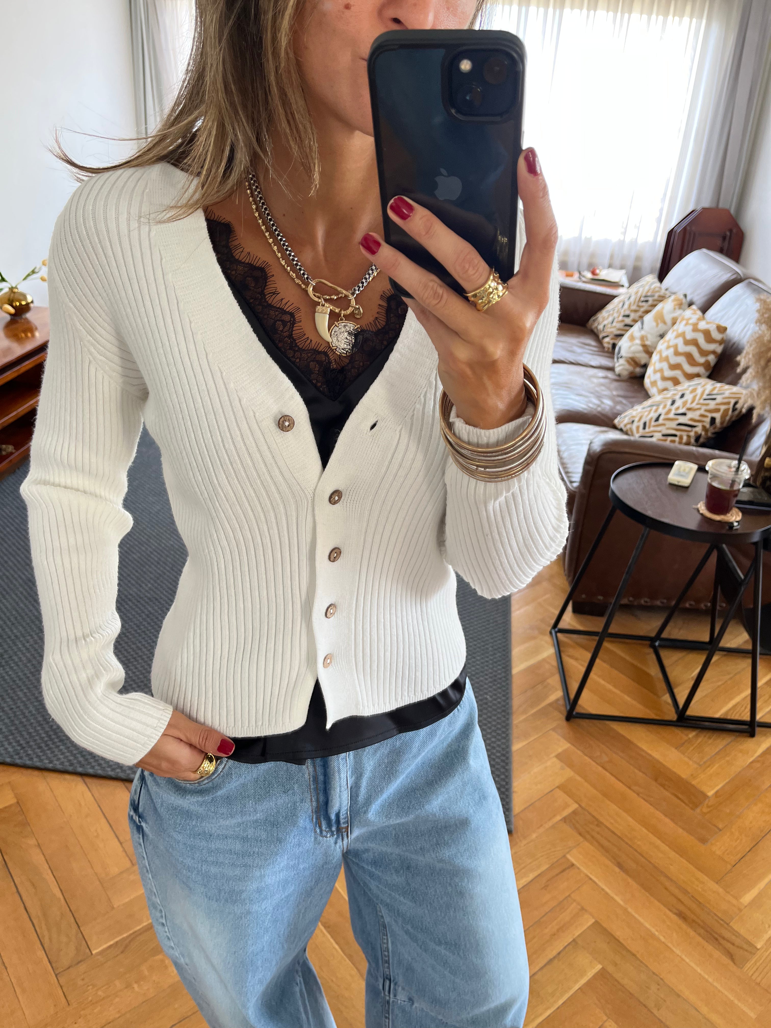 White Contour Buttoned Cardigan