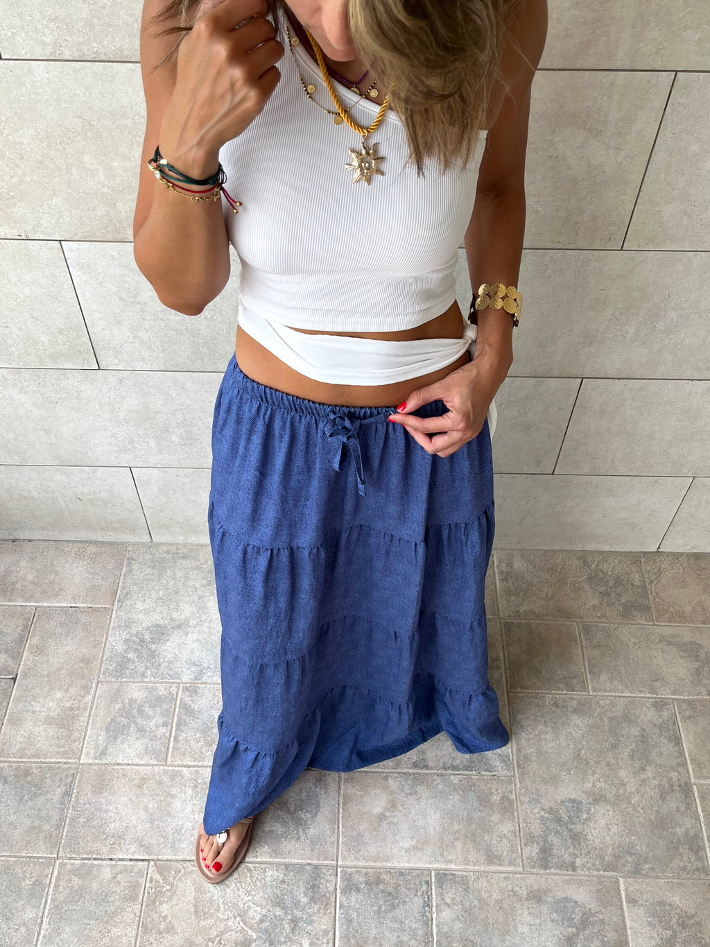 Navy Light Denim Tiered skirt