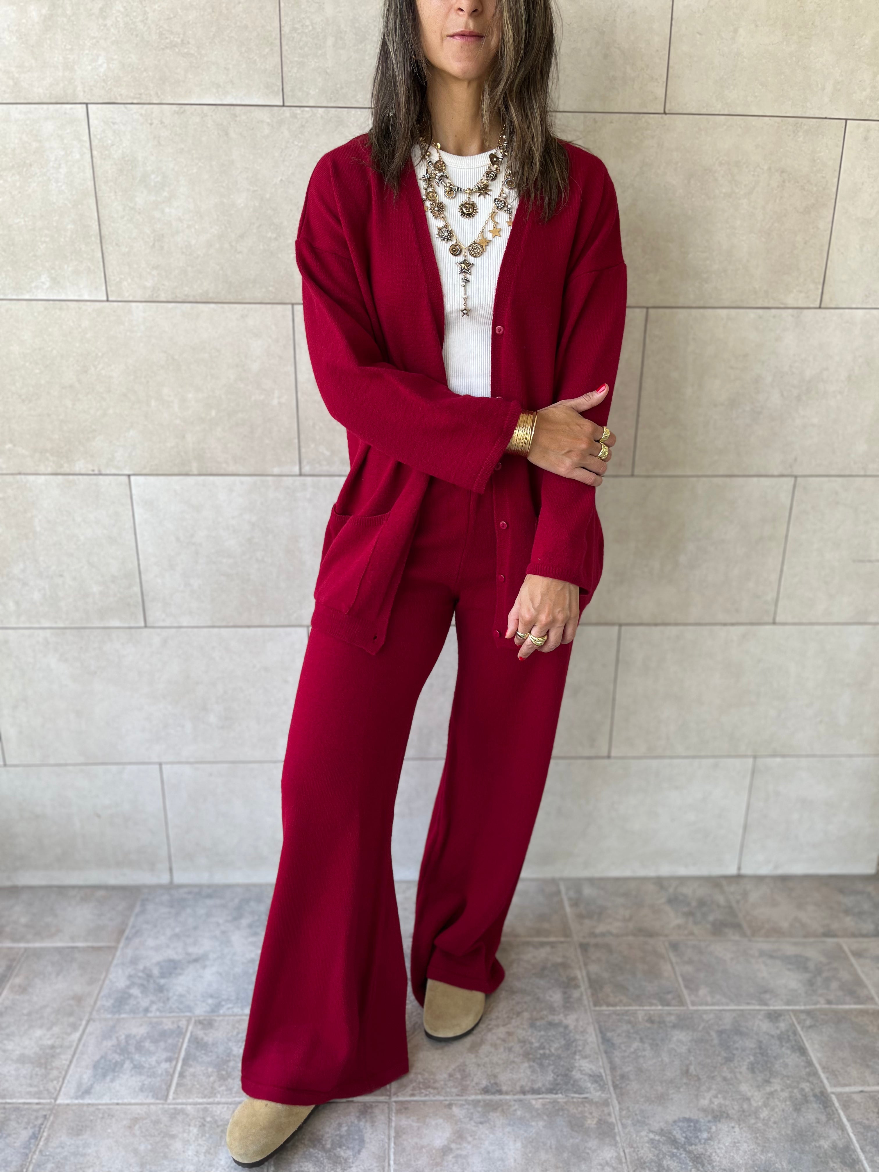 Burgundy V Buttons Knit Set