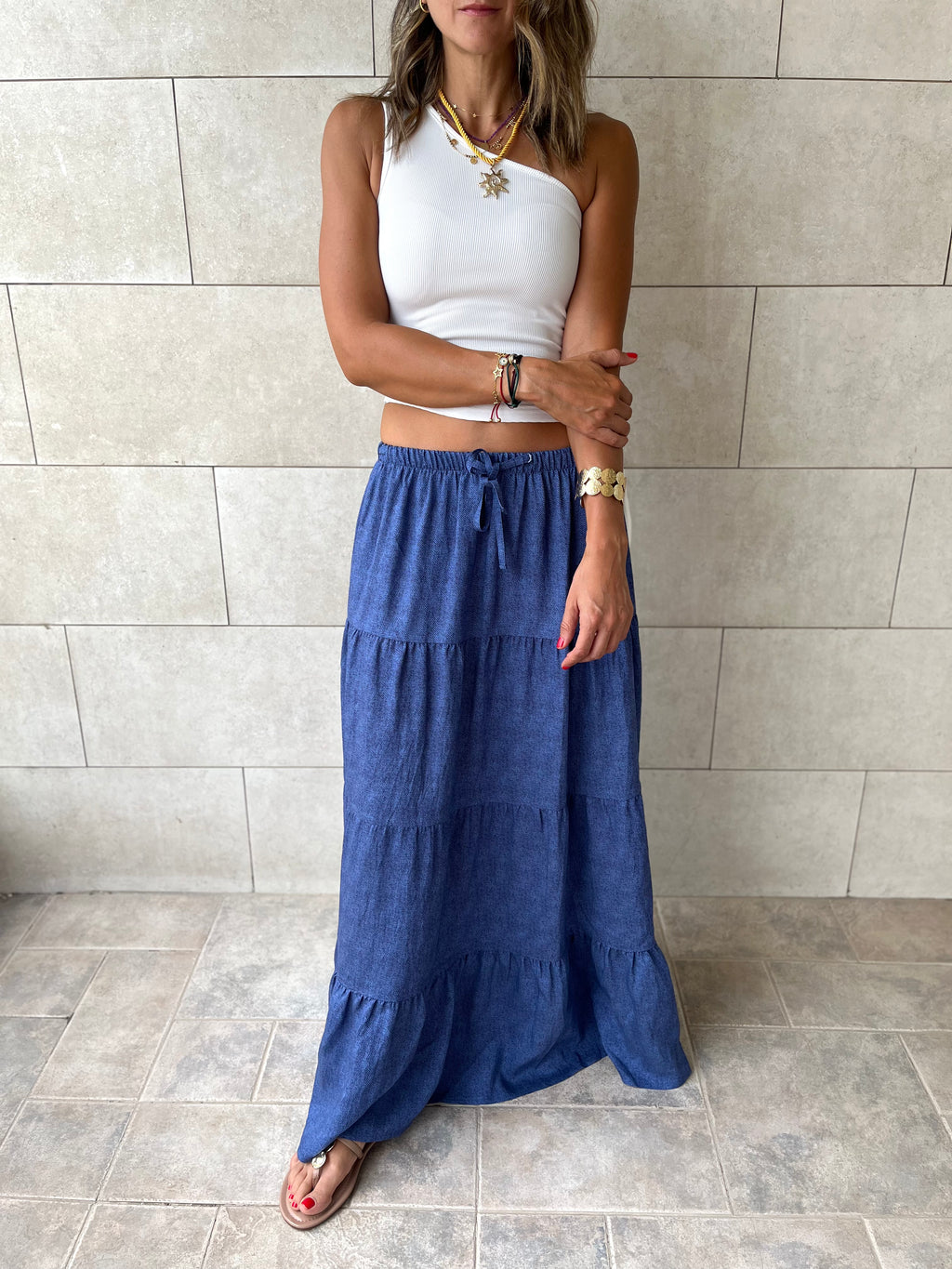 Navy Light Denim Tiered skirt