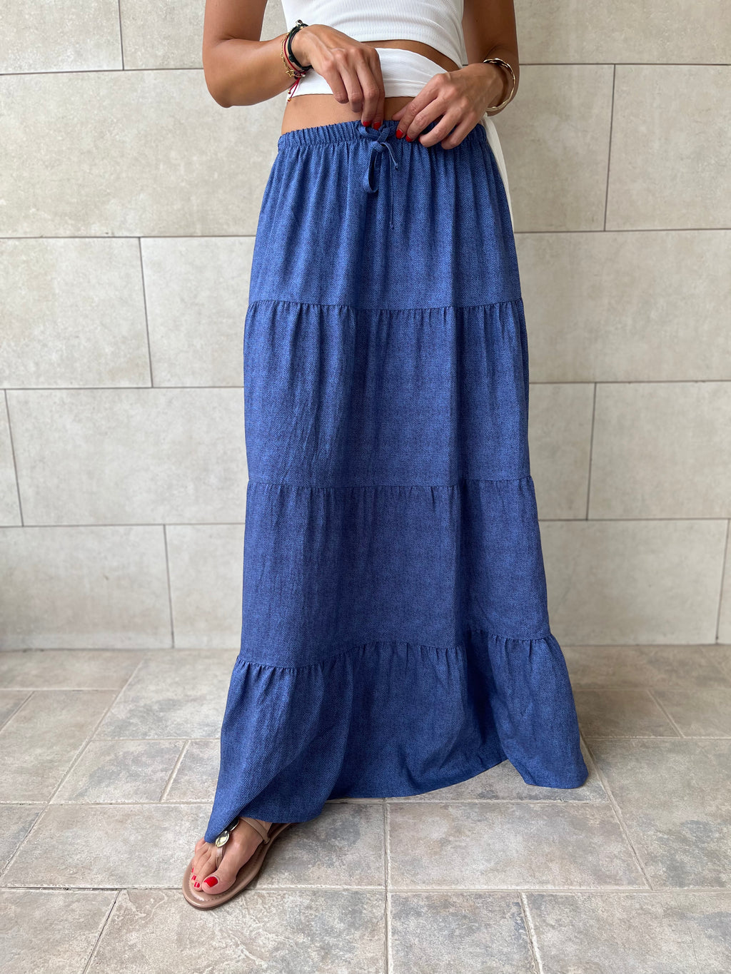 Navy Light Denim Tiered skirt