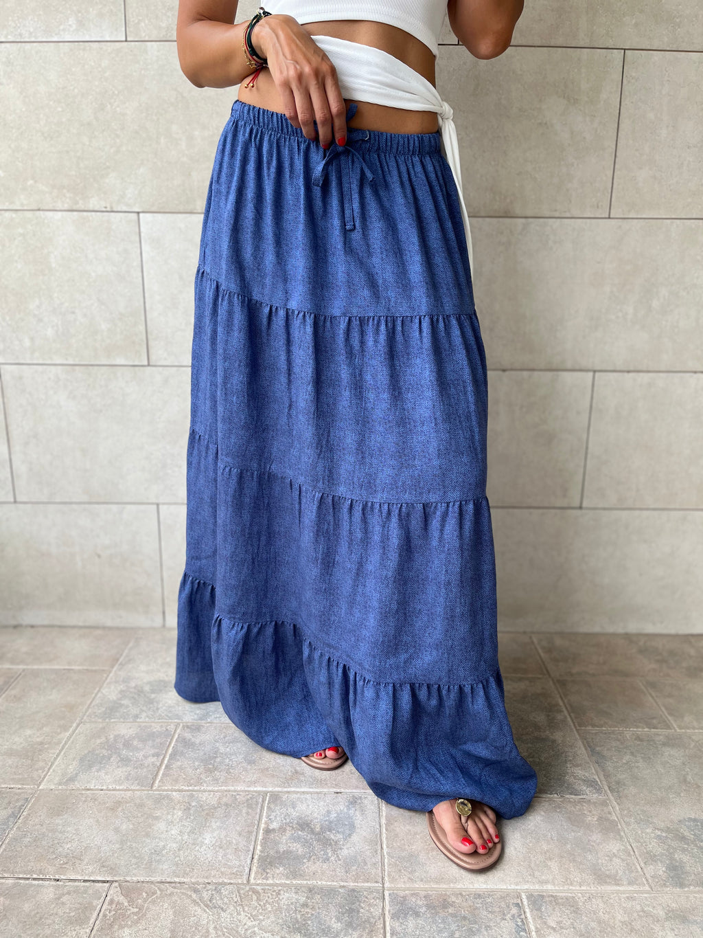 Navy Light Denim Tiered skirt