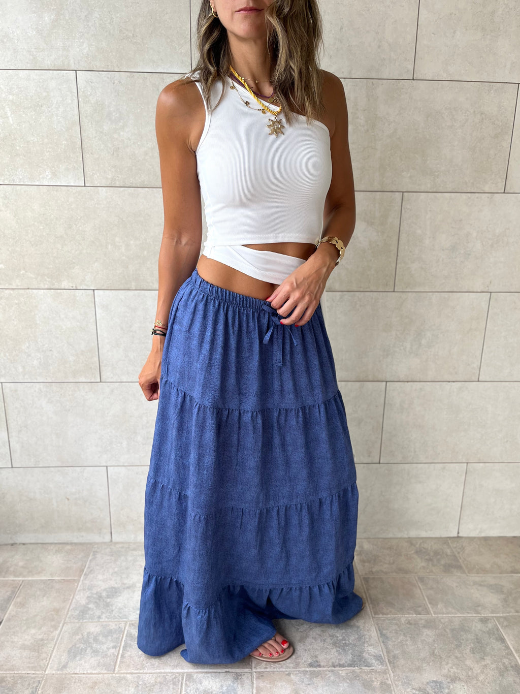 Navy Light Denim Tiered skirt
