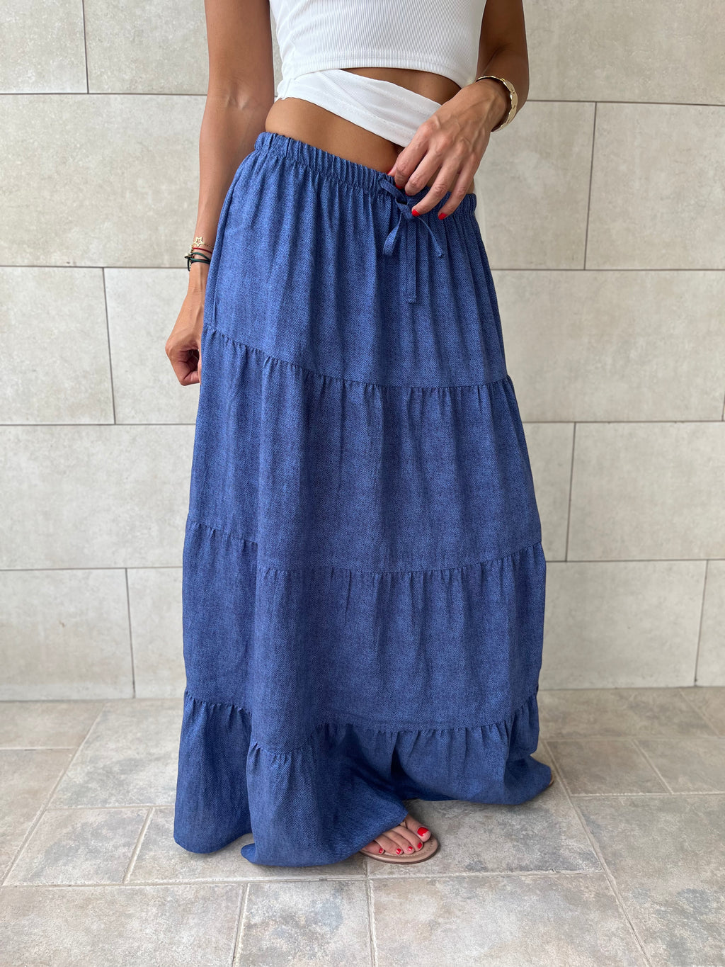Navy Light Denim Tiered skirt
