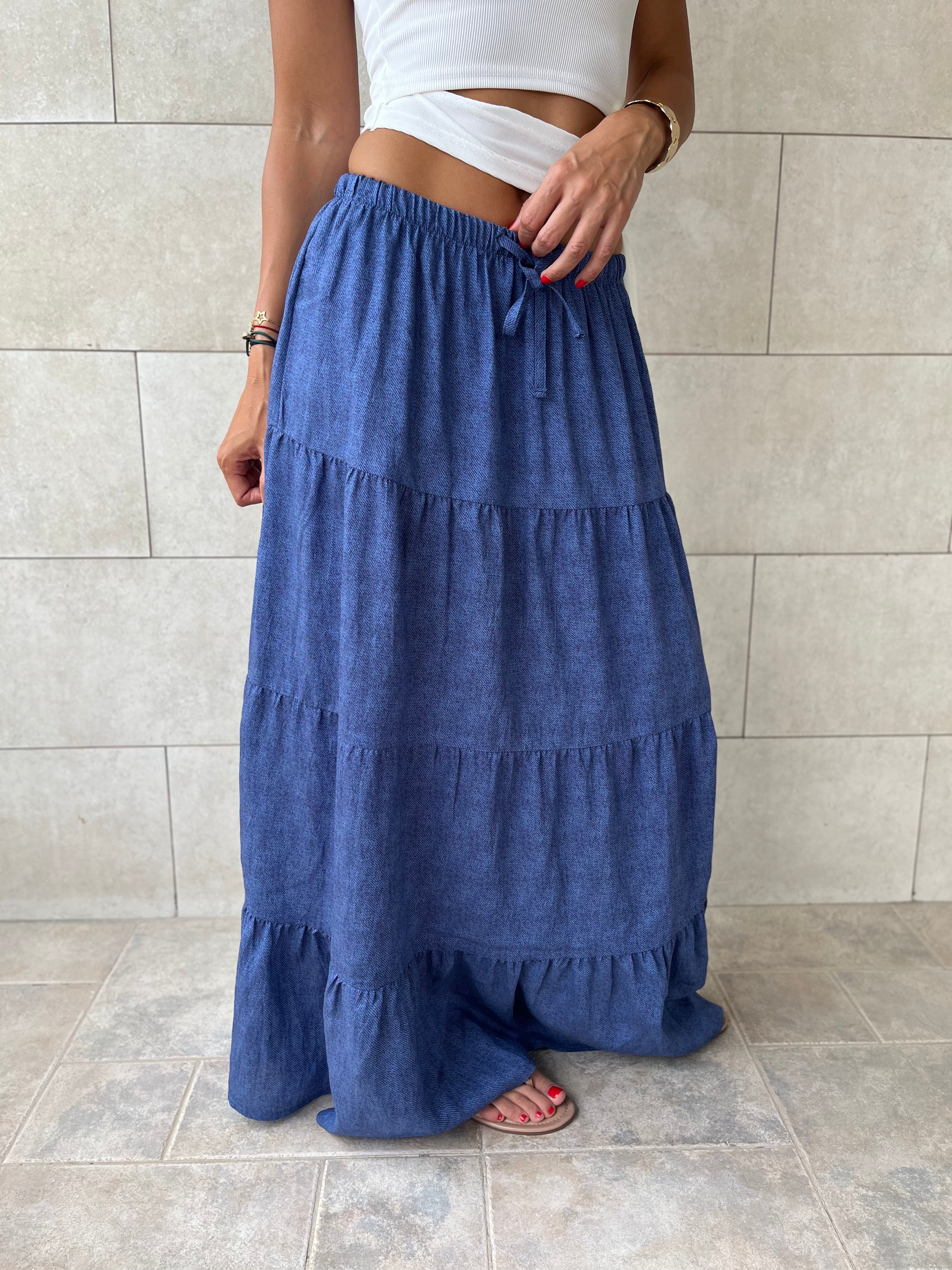 Navy Light Denim Tiered skirt
