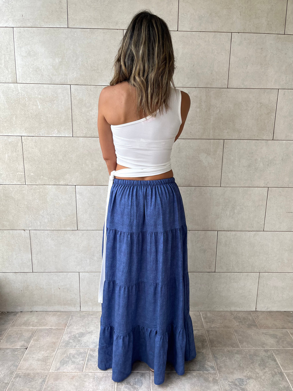 Navy Light Denim Tiered skirt