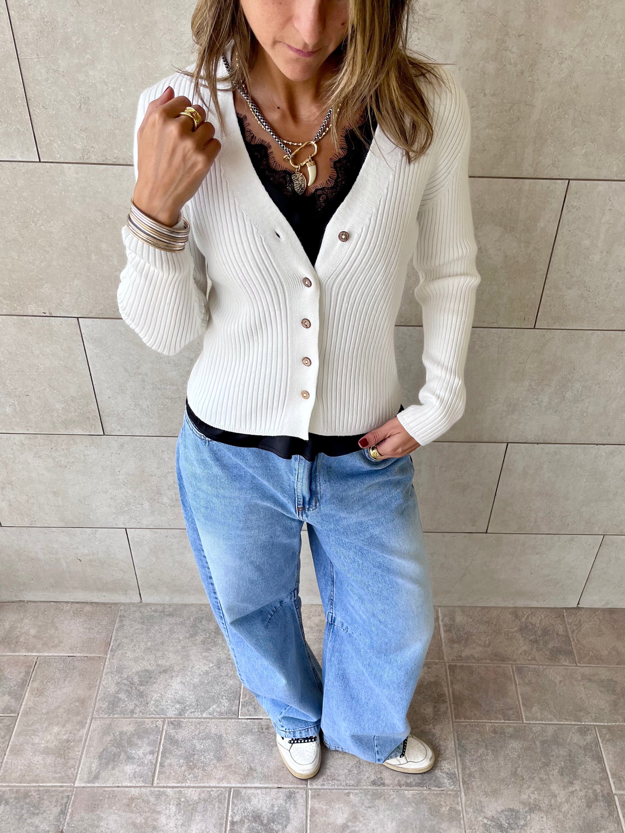 White Contour Buttoned Cardigan