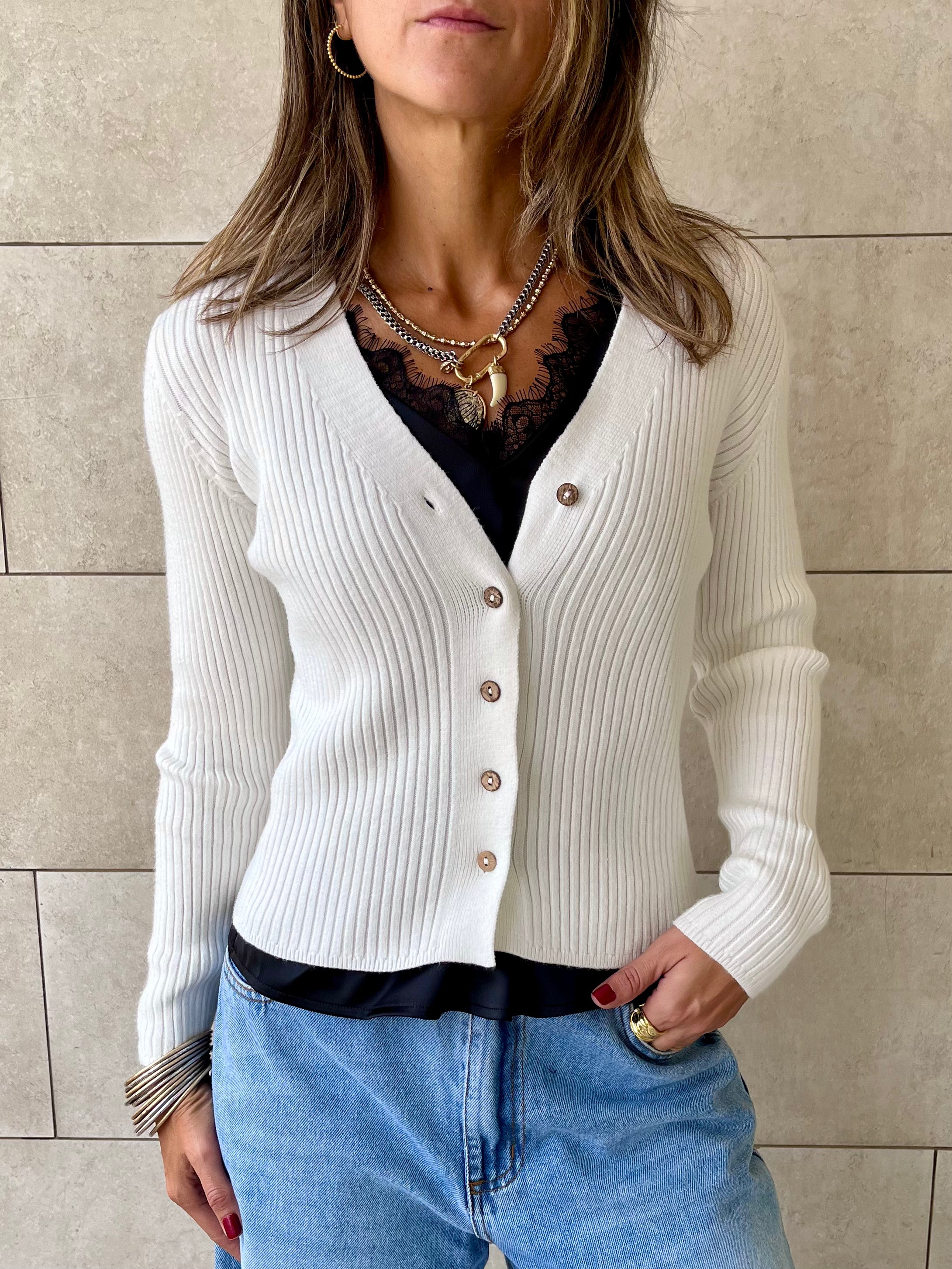 White Contour Buttoned Cardigan