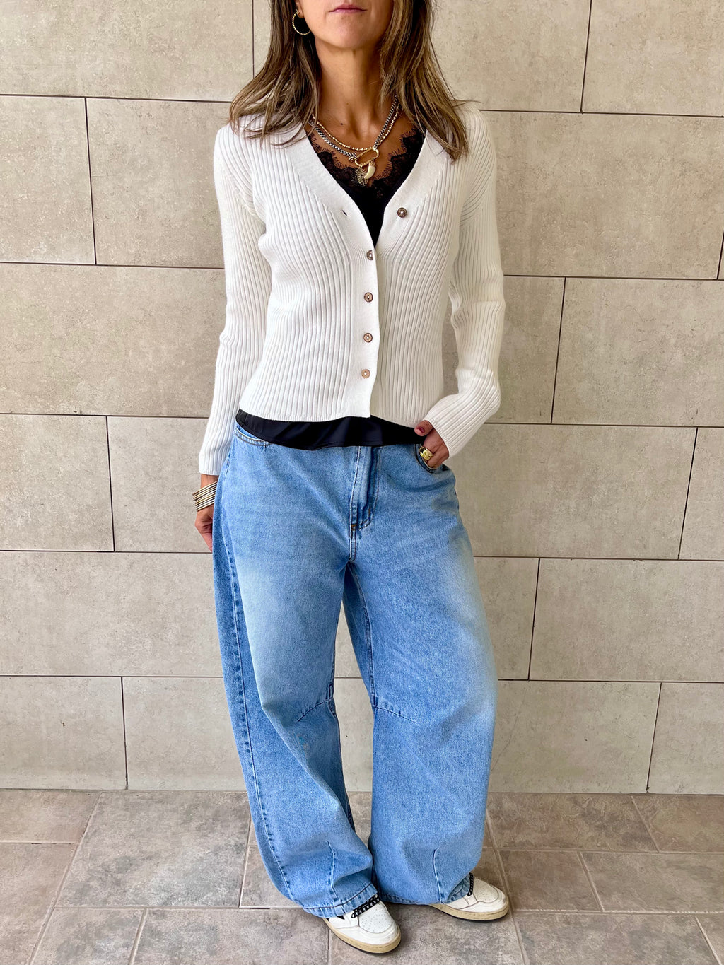 White Contour Buttoned Cardigan