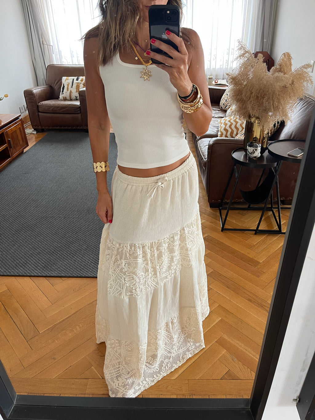 Beige Lace Mixed Tiered Skirt