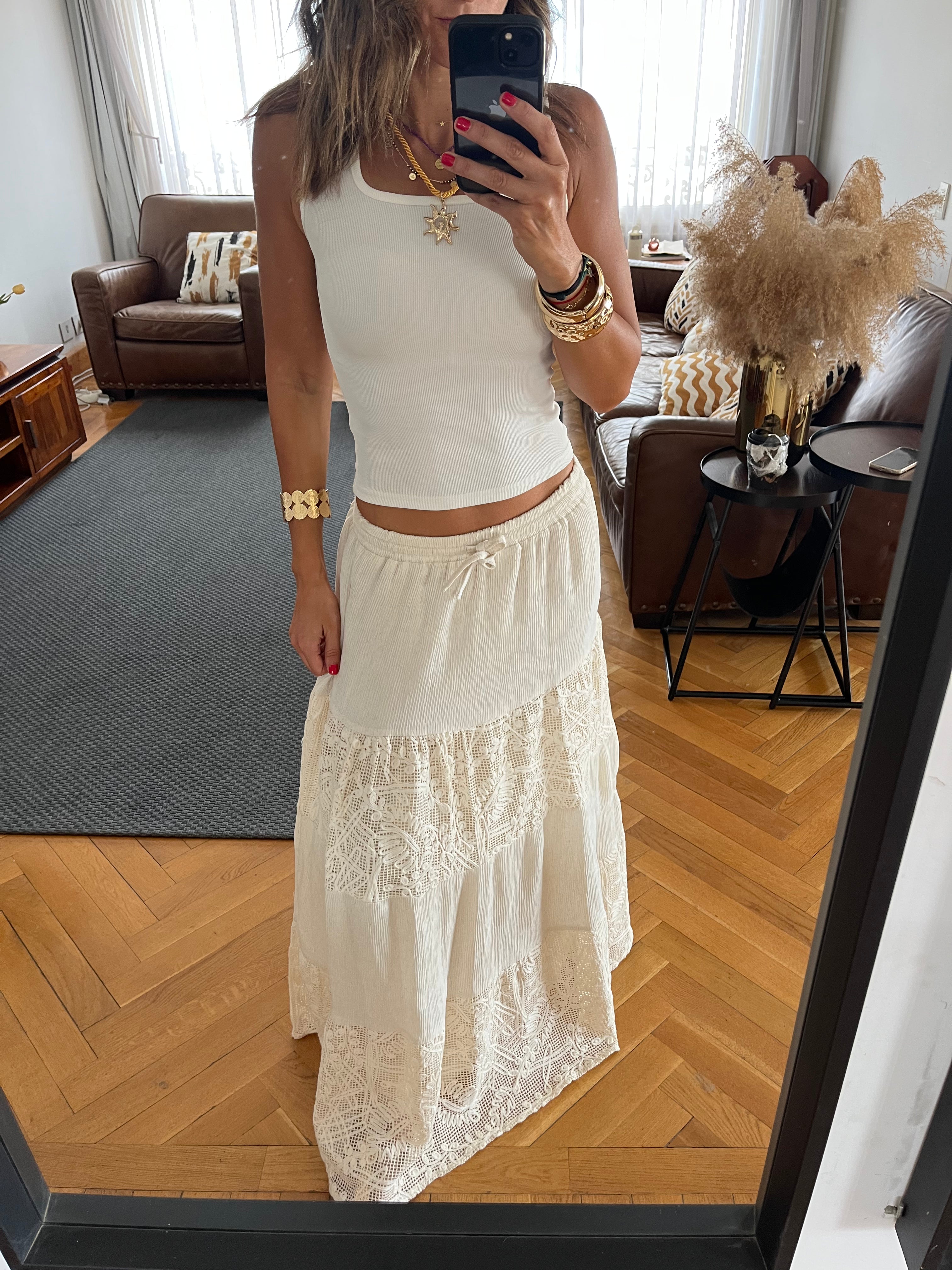 Beige Lace Mixed Tiered Skirt