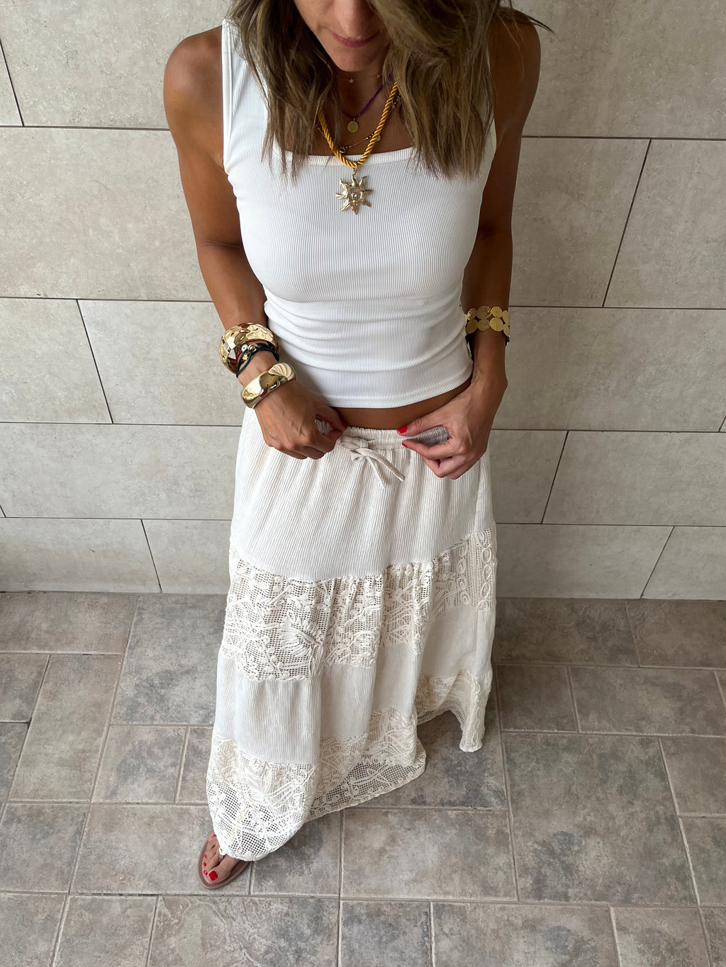 Beige Lace Mixed Tiered Skirt