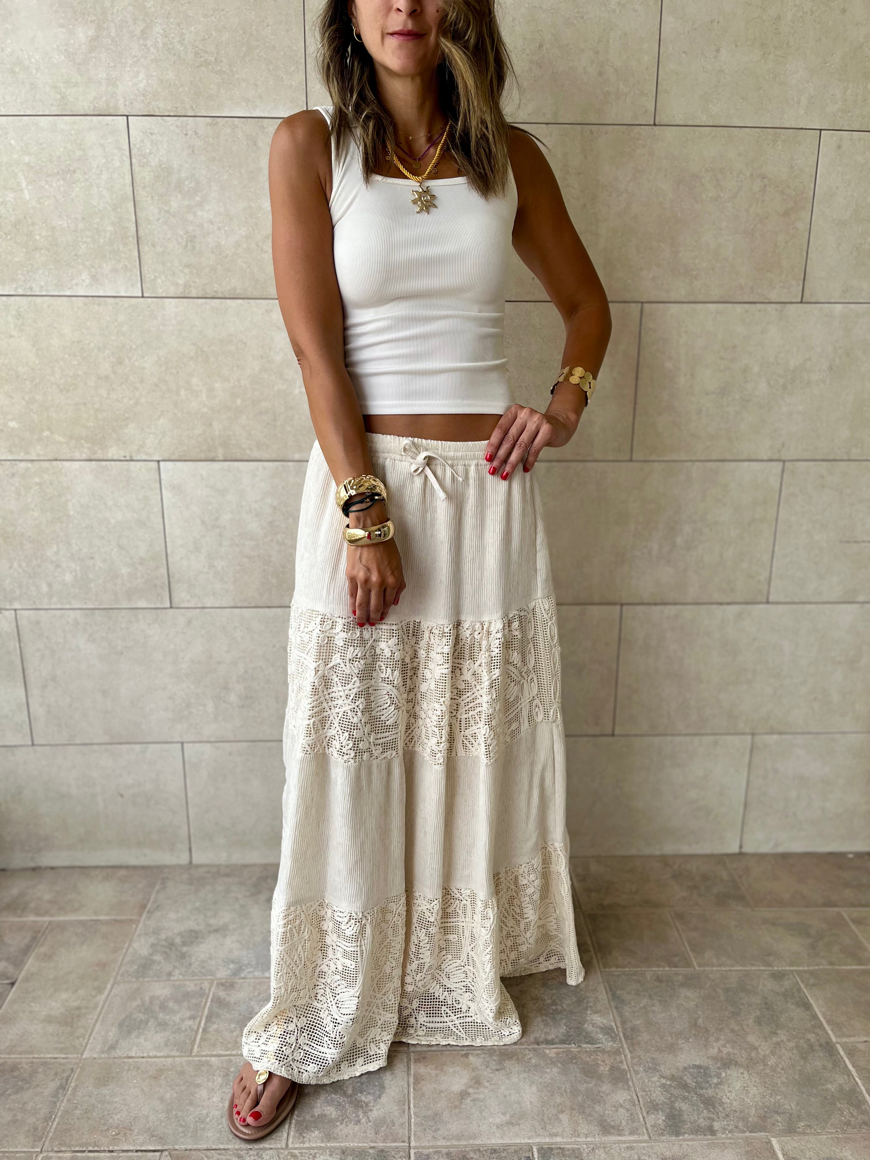 Beige Lace Mixed Tiered Skirt