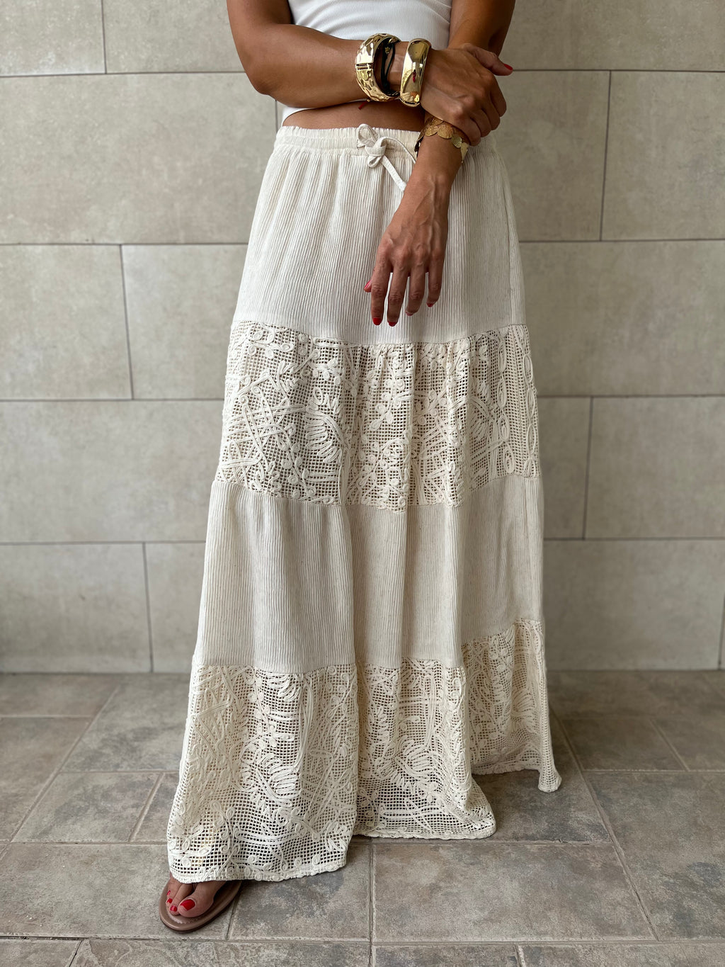 Beige Lace Mixed Tiered Skirt