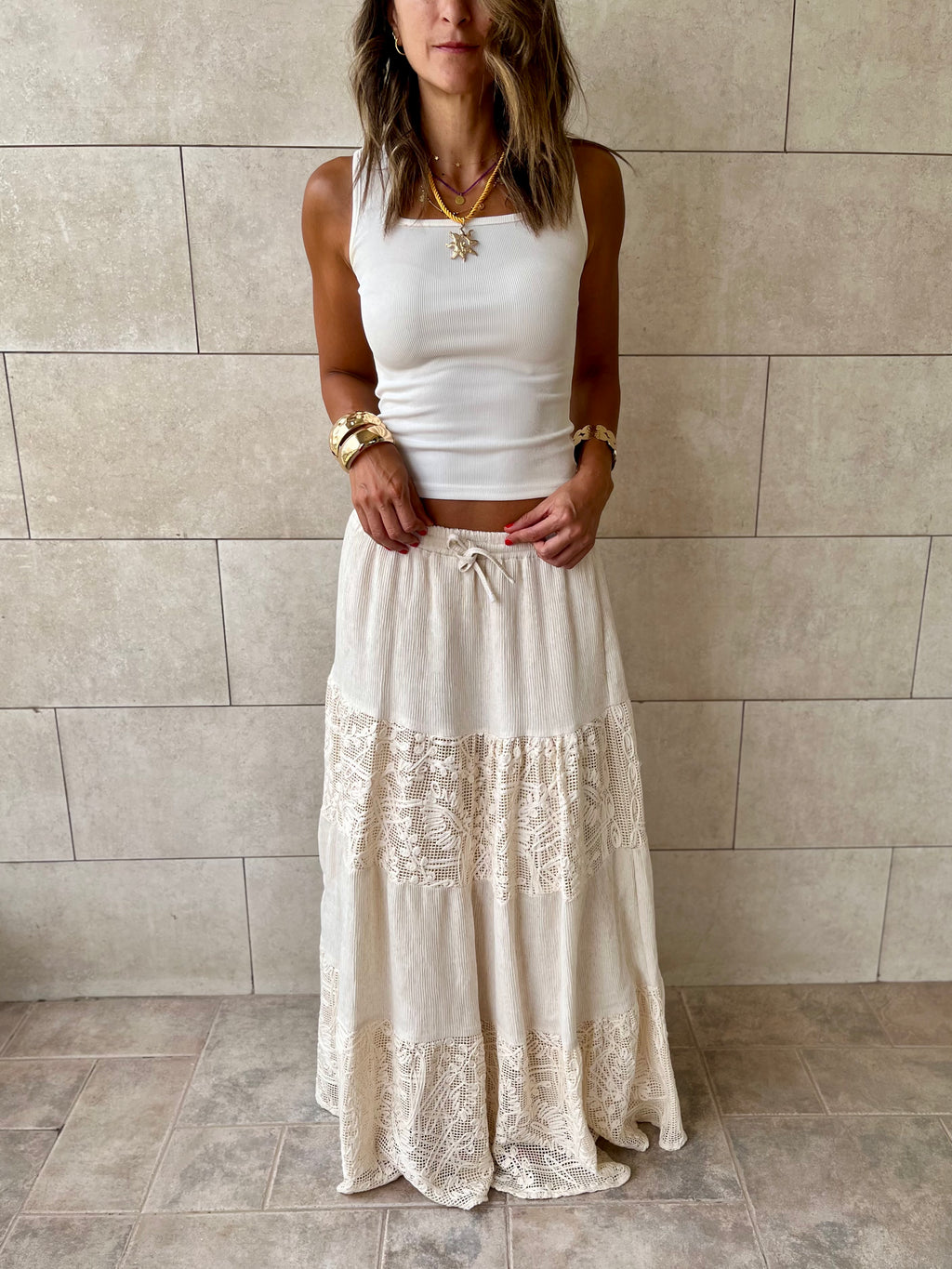 Beige Lace Mixed Tiered Skirt