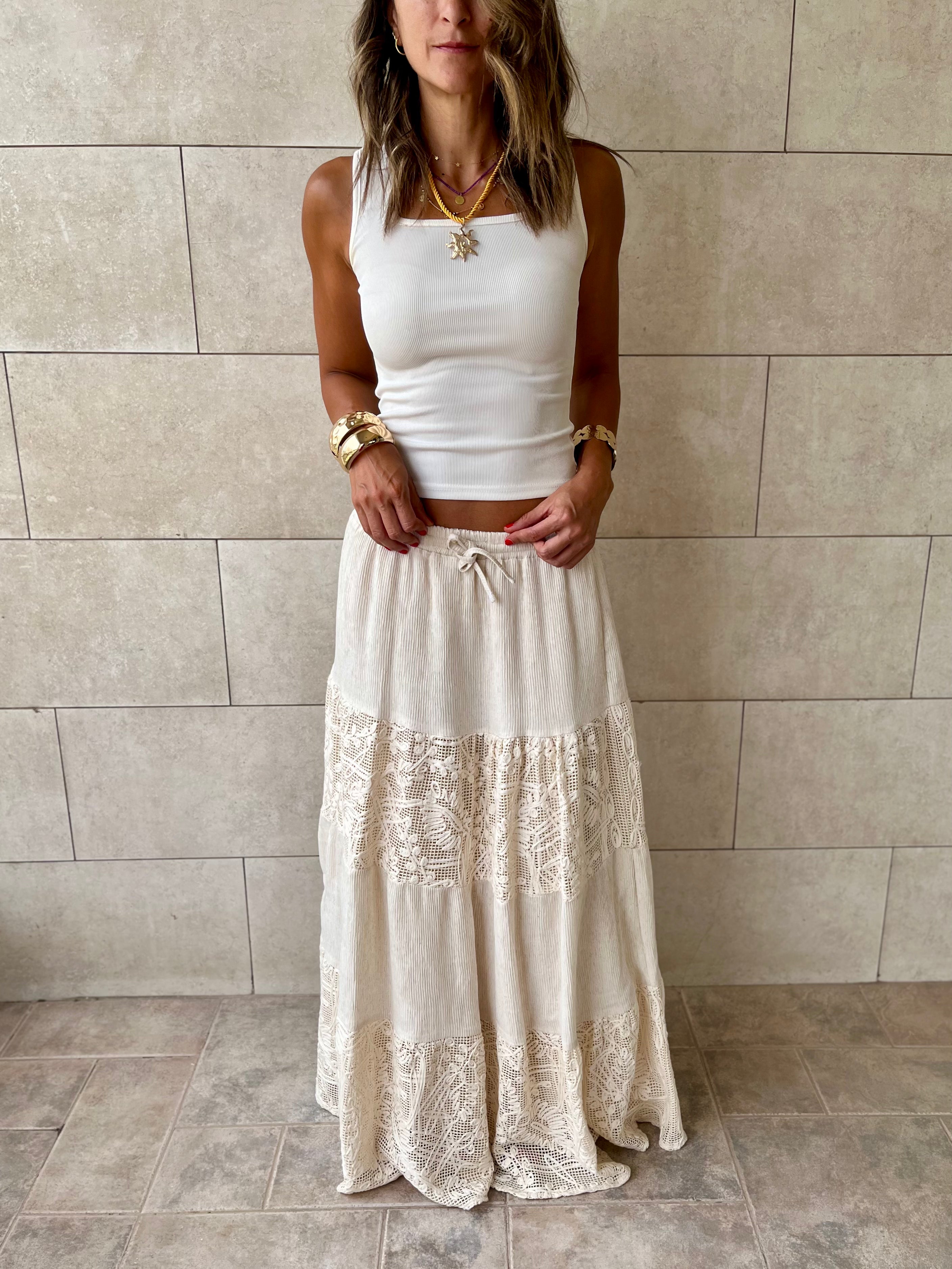 Beige Lace Mixed Tiered Skirt