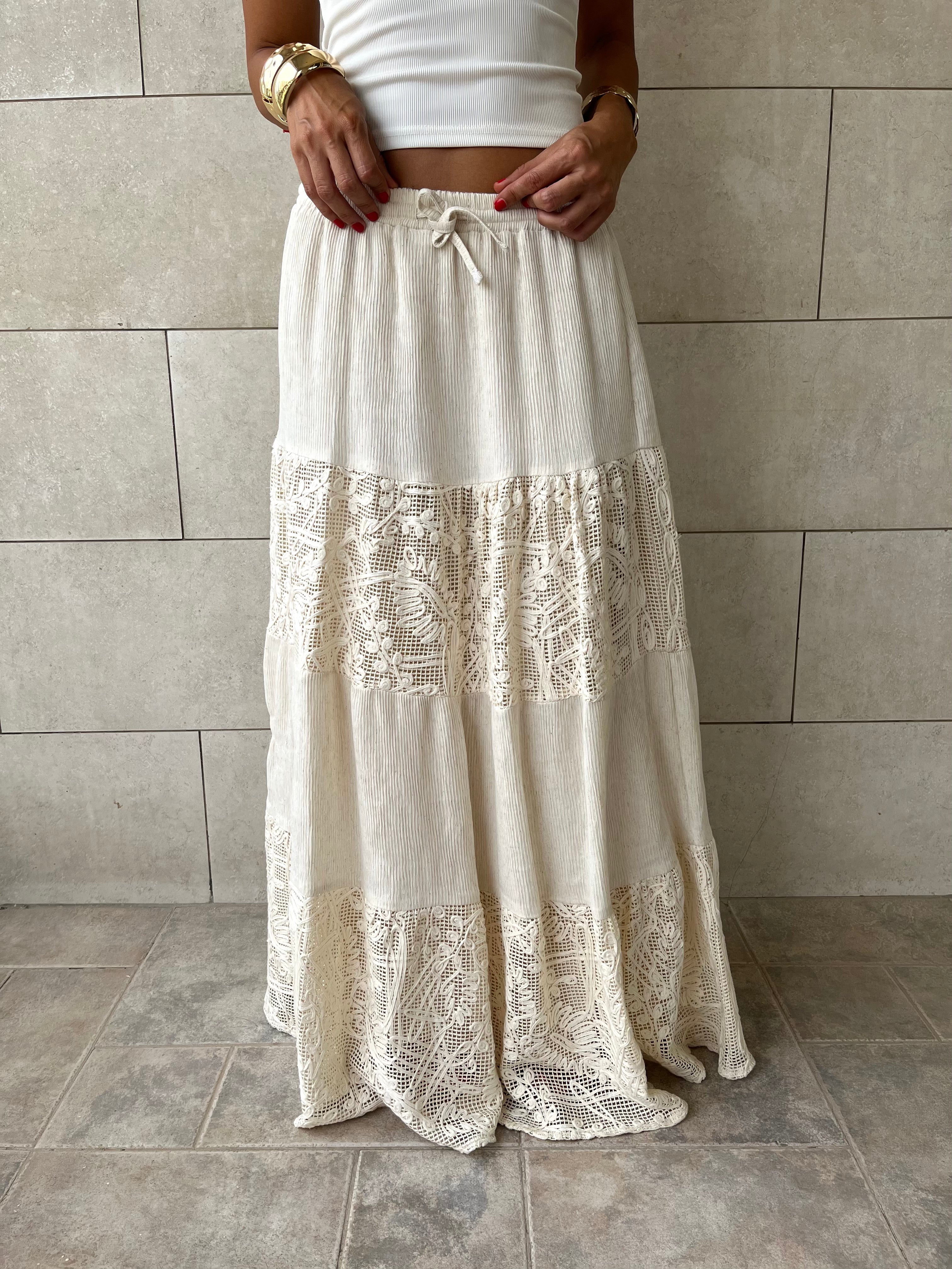 Beige Lace Mixed Tiered Skirt