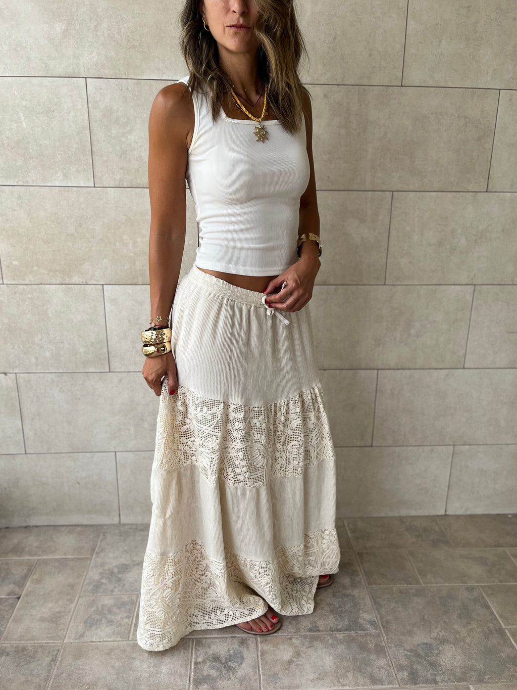 Beige Lace Mixed Tiered Skirt