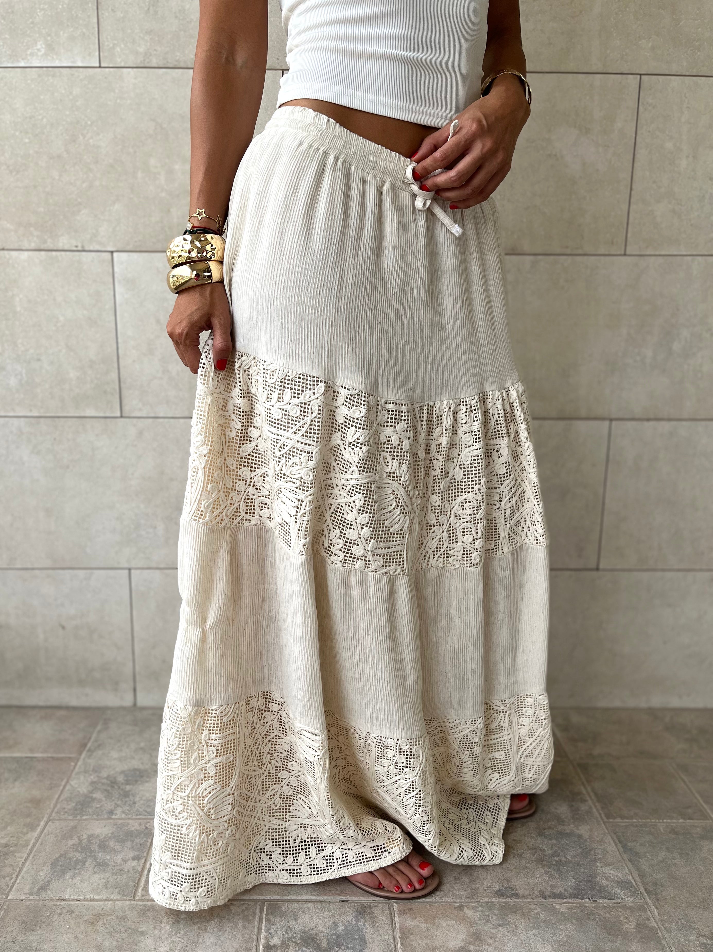 Beige Lace Mixed Tiered Skirt