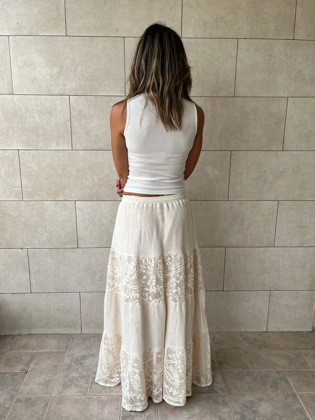 Beige Lace Mixed Tiered Skirt