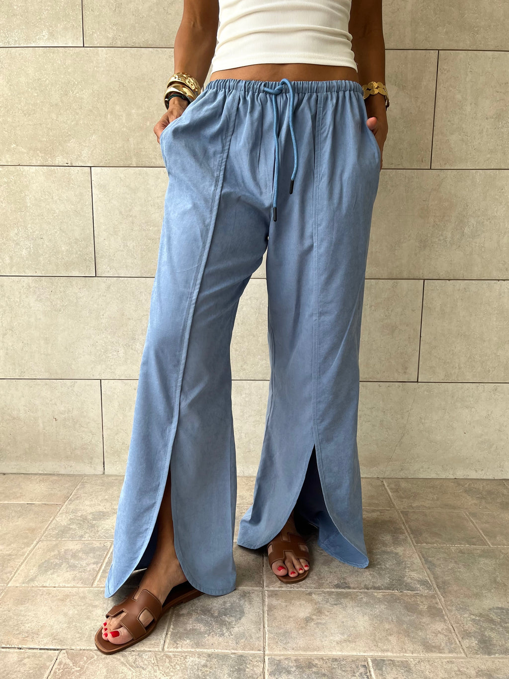 Baby Blue Middle Line Ropped In Pants