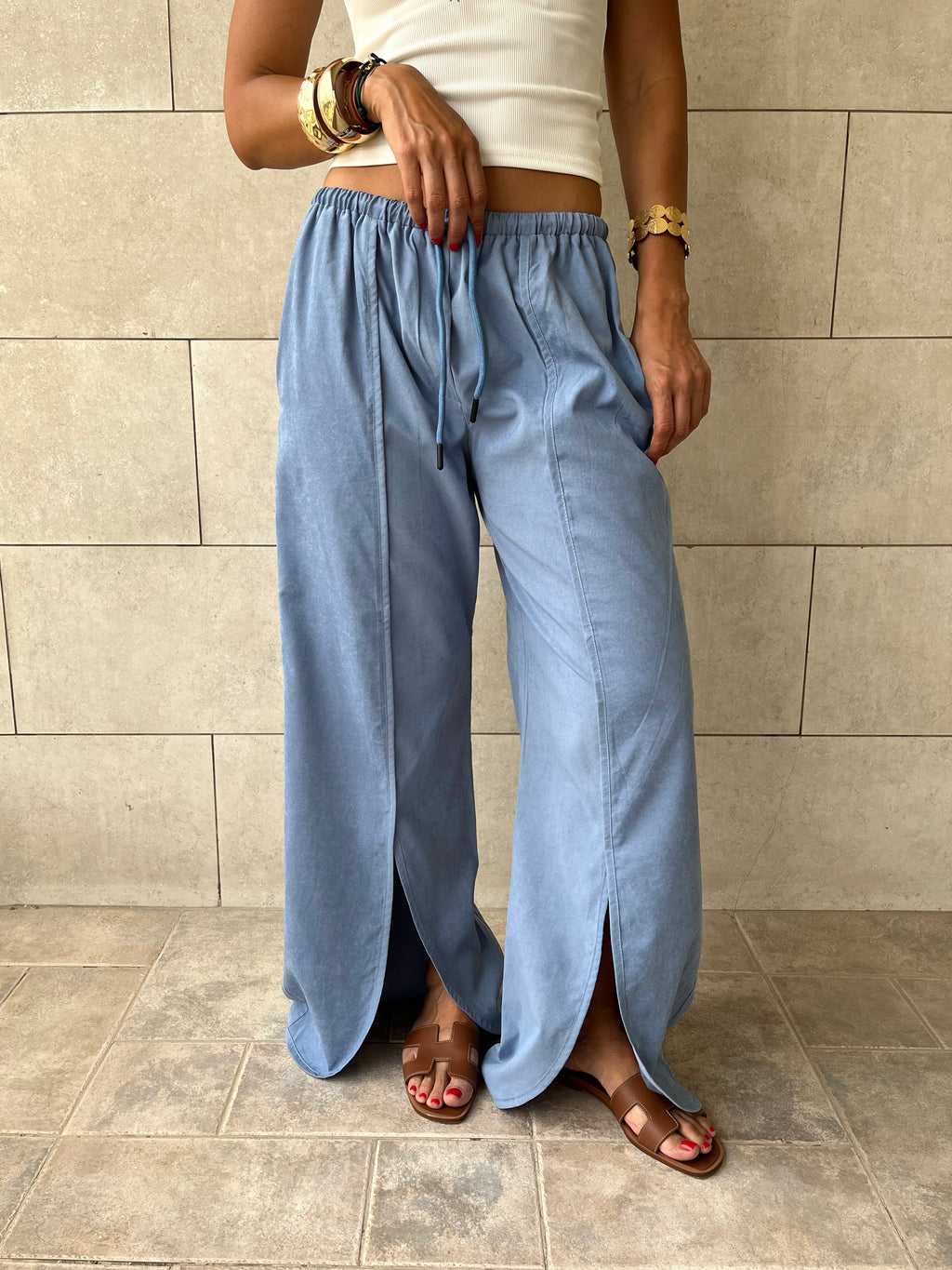 Baby Blue Middle Line Ropped In Pants