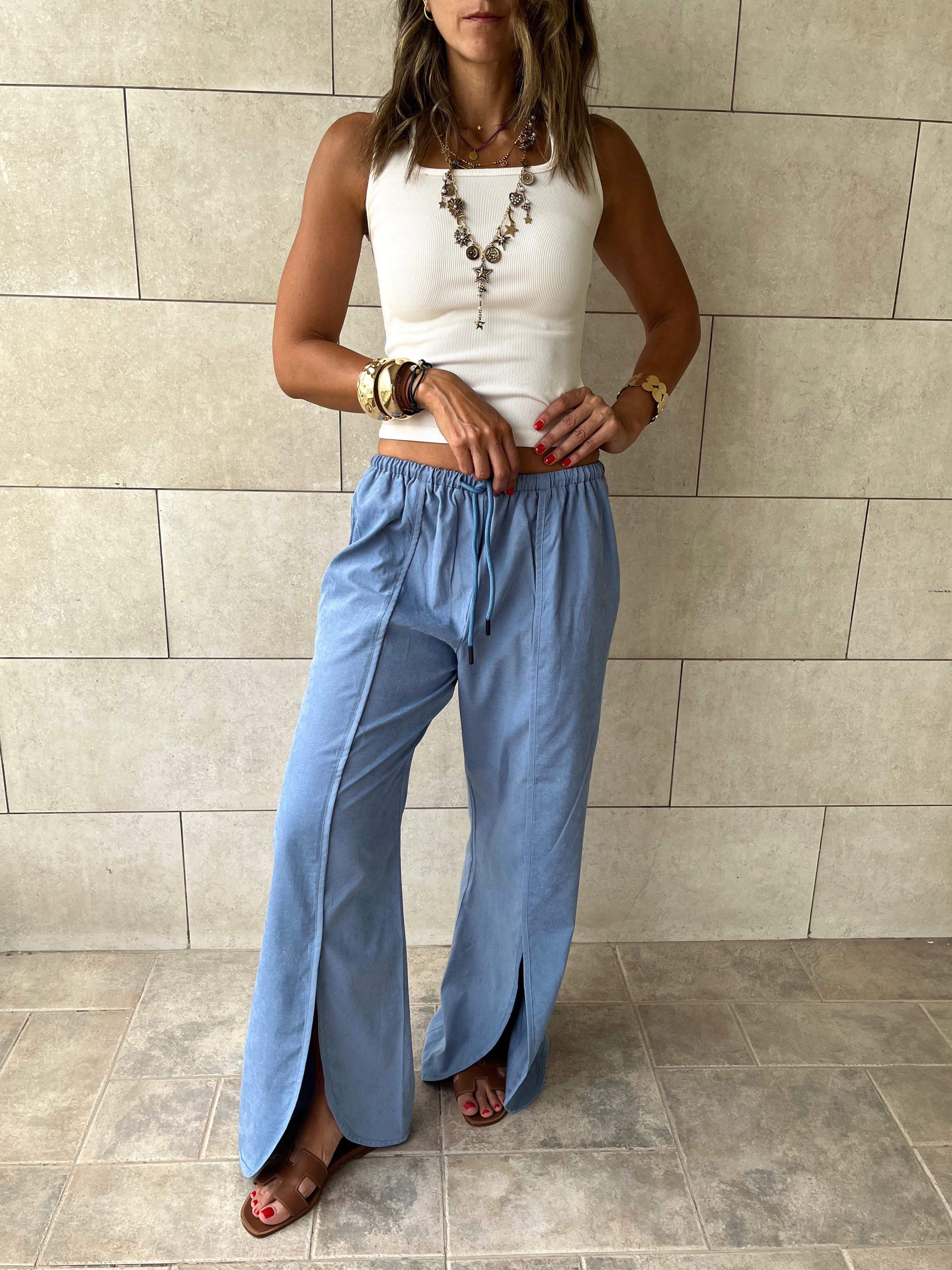 Baby Blue Middle Line Ropped In Pants