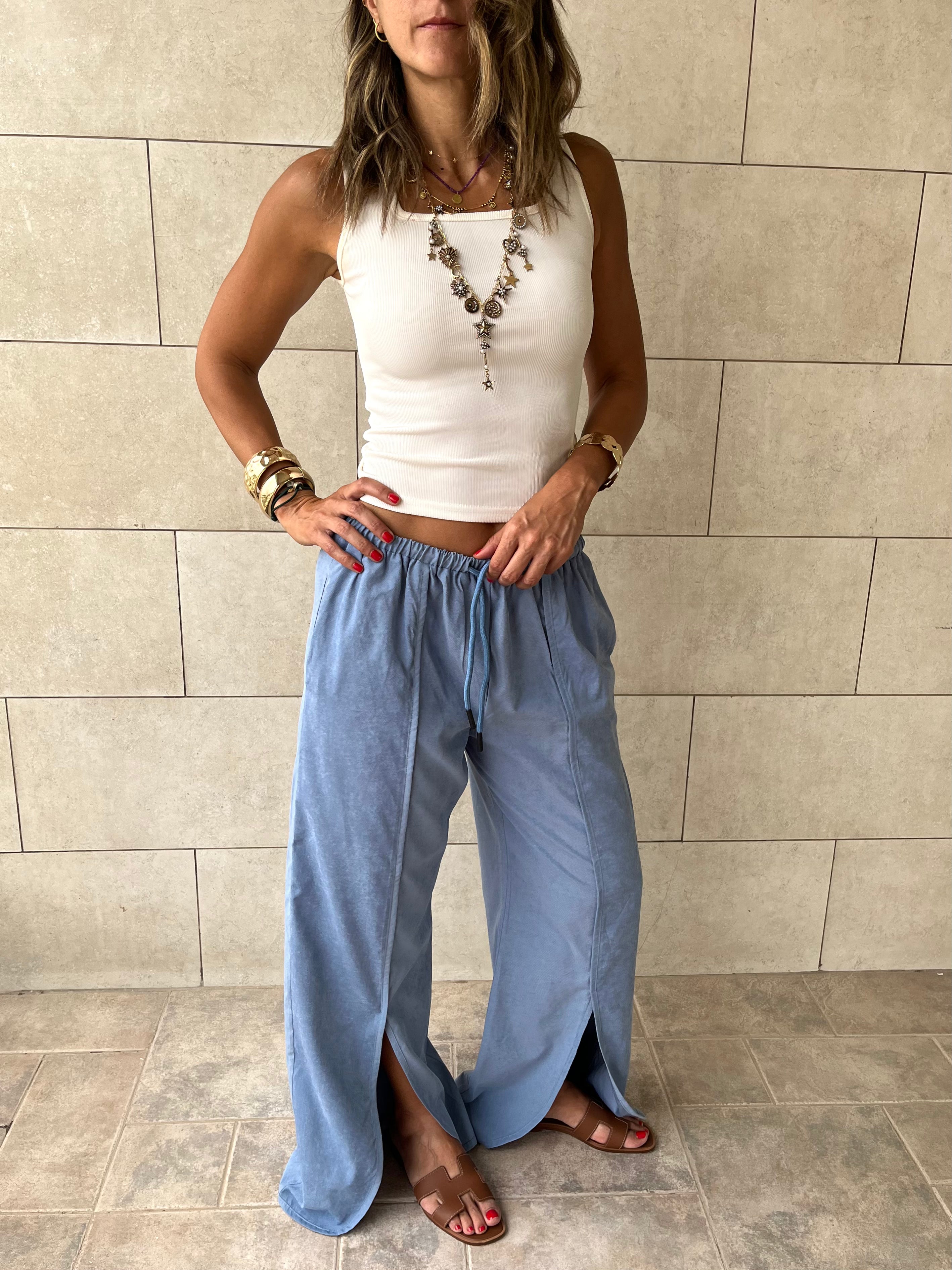 Baby Blue Middle Line Ropped In Pants