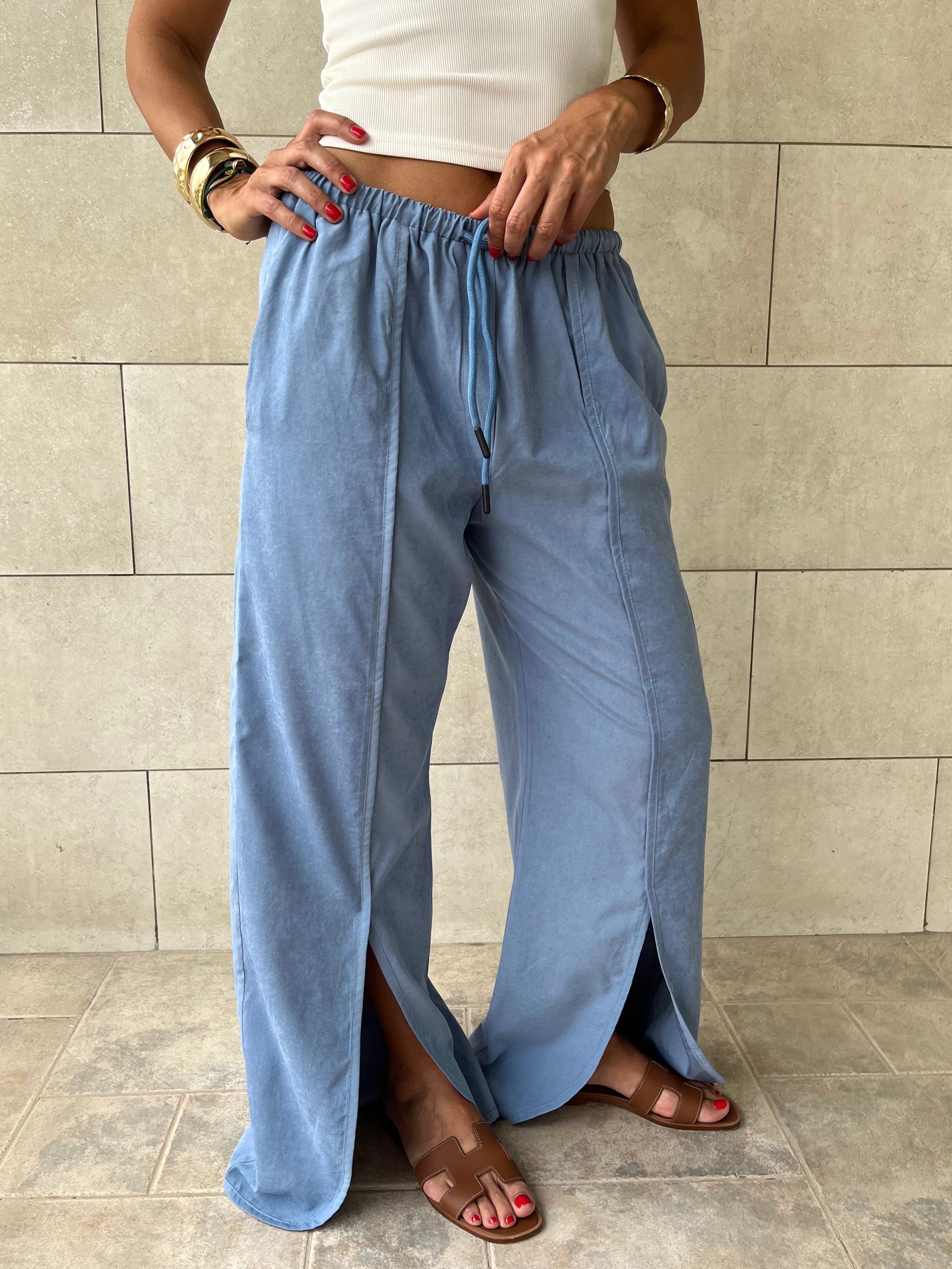 Baby Blue Middle Line Ropped In Pants