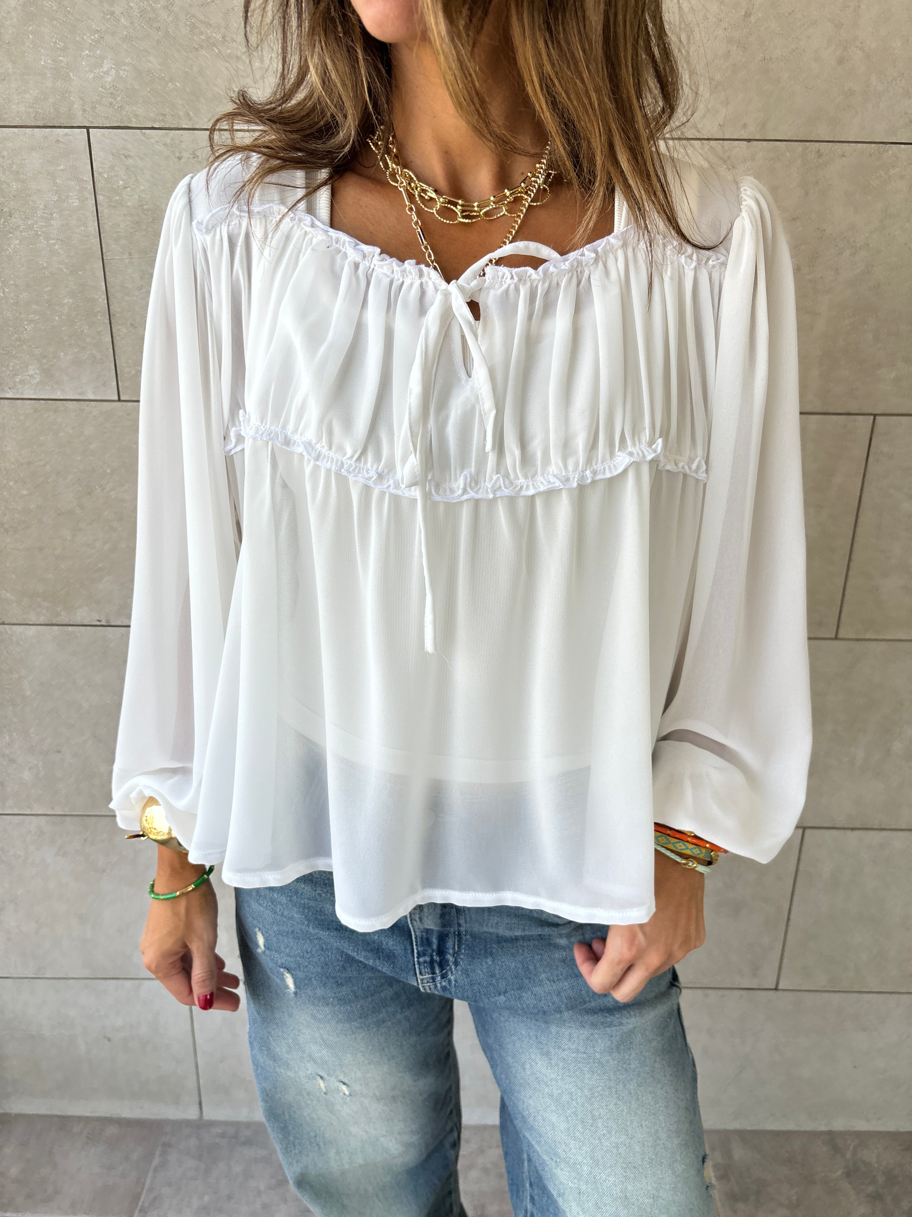 White Romantic Tie Blouse