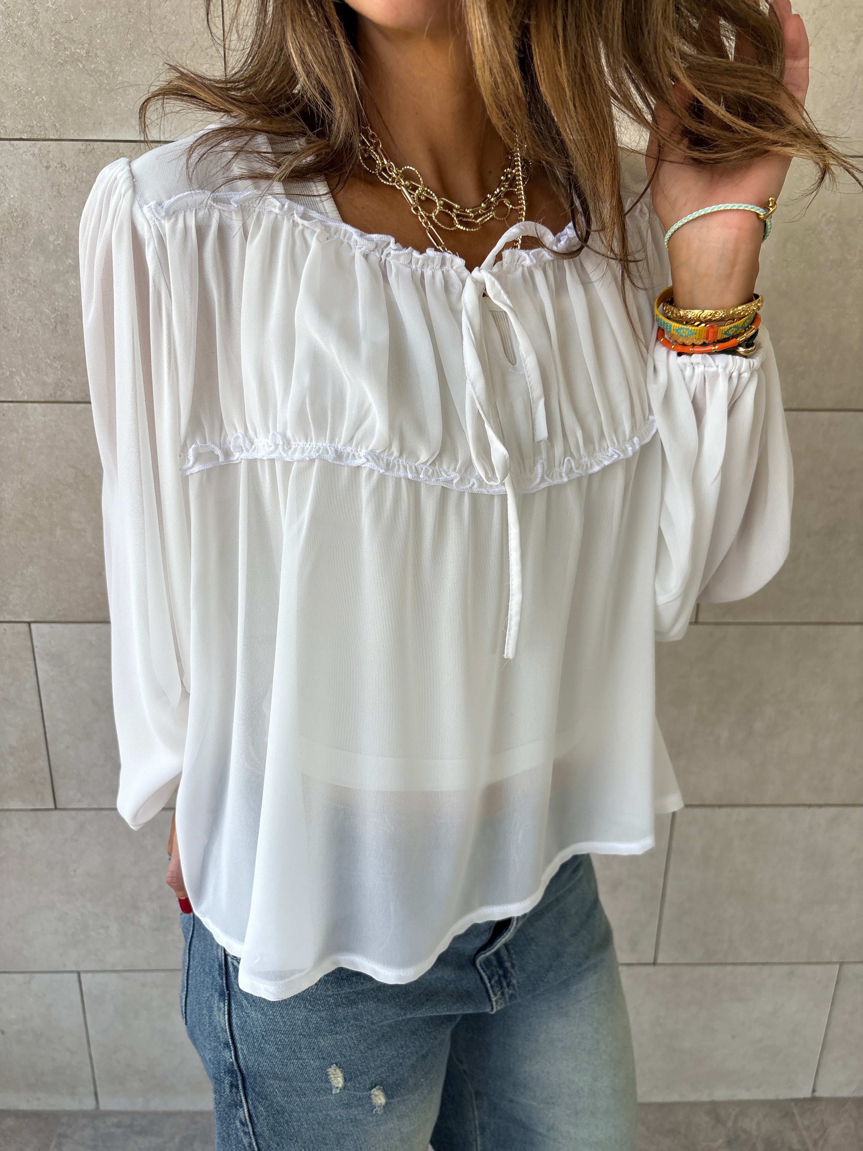 White Romantic Tie Blouse