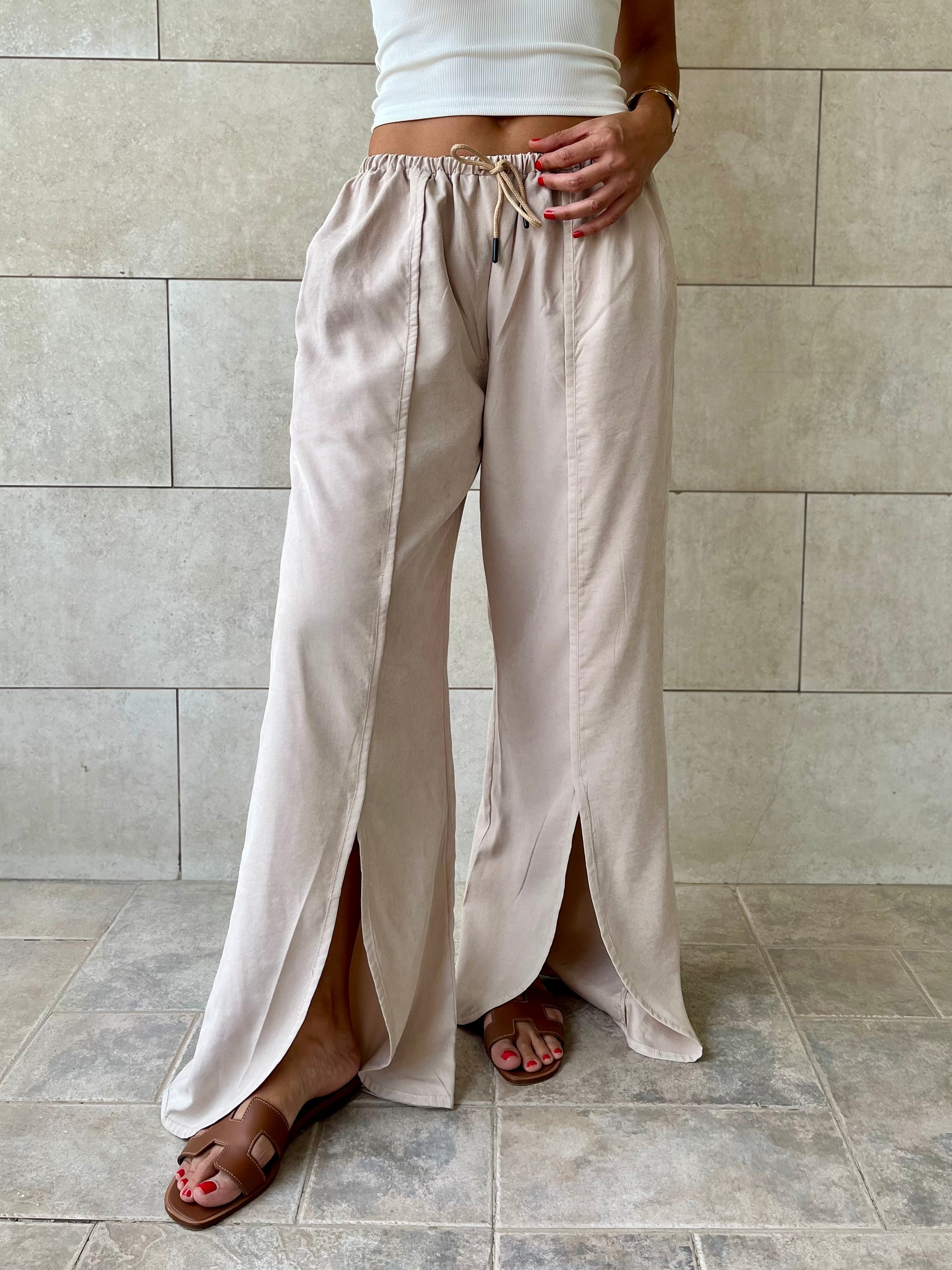 Beige Middle Line Ropped In Pants