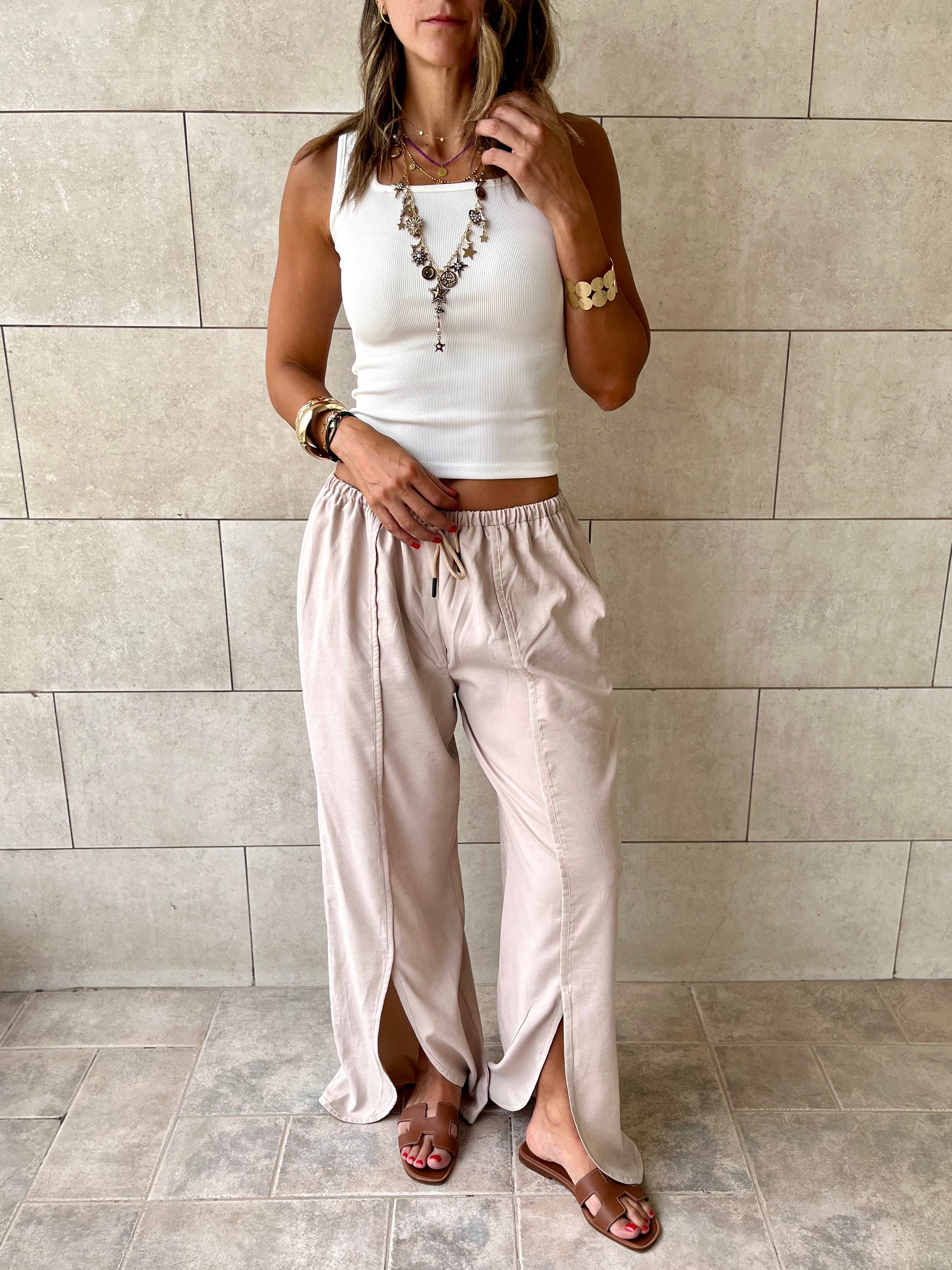 Beige Middle Line Ropped In Pants