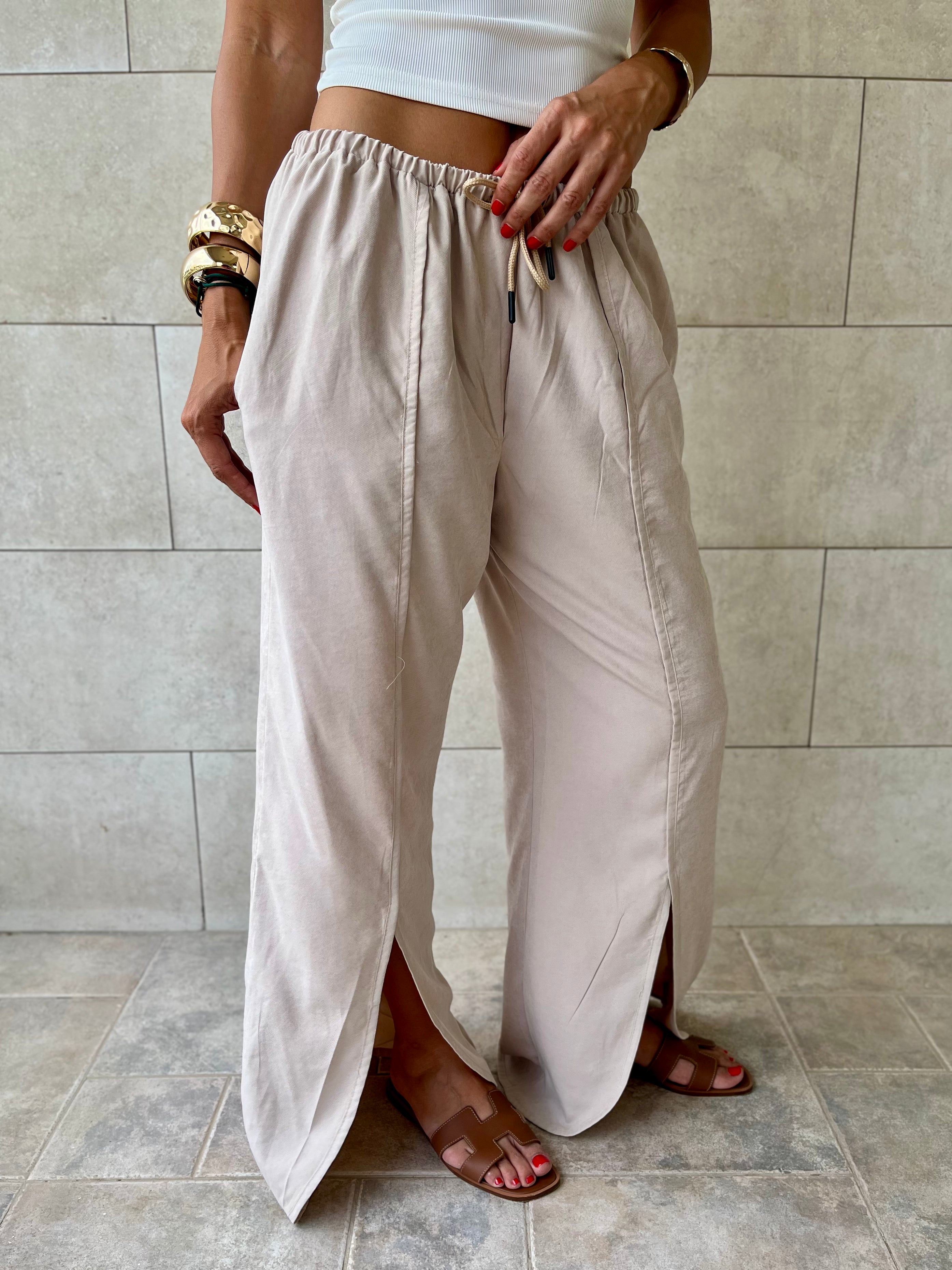Beige Middle Line Ropped In Pants