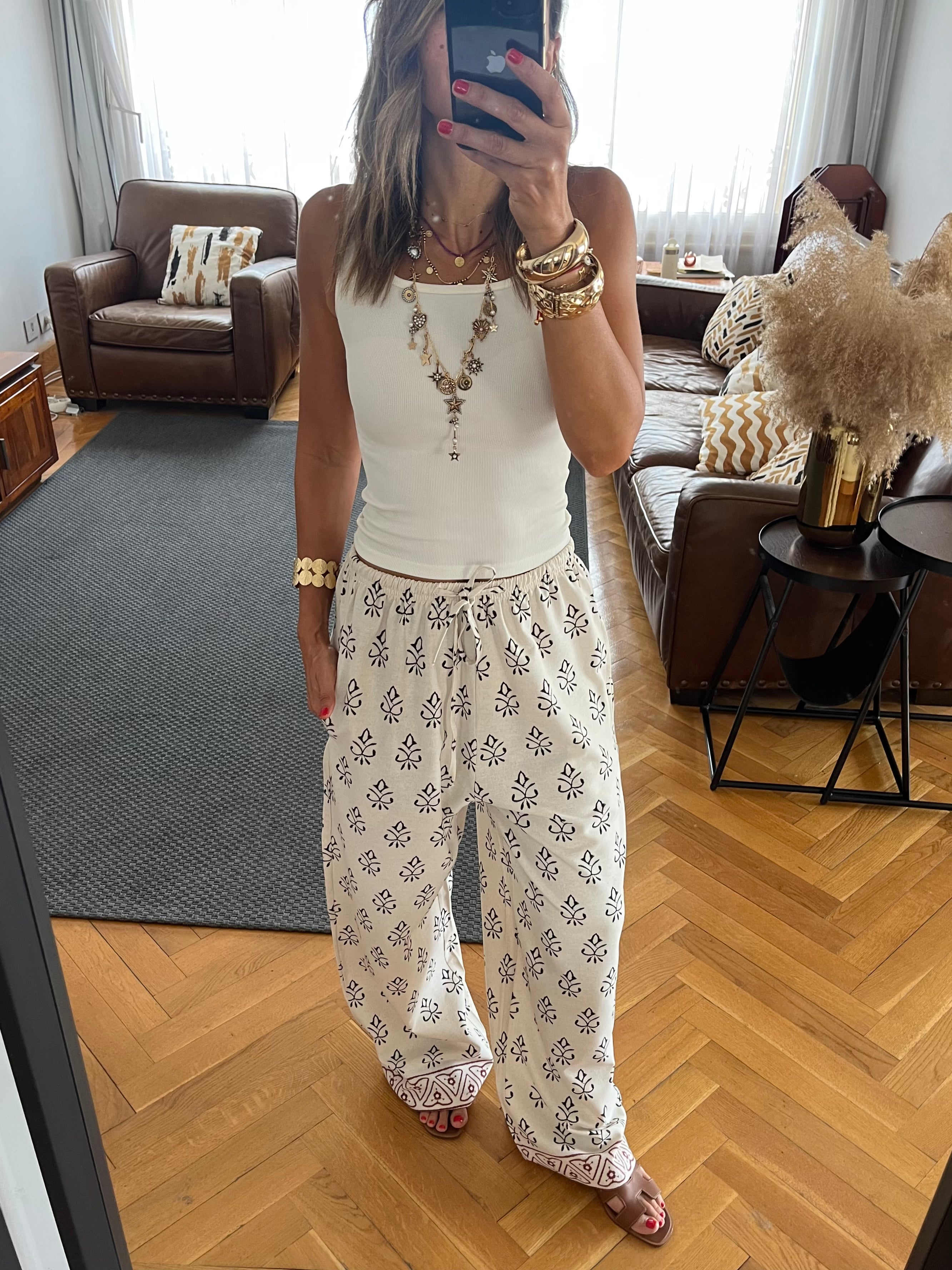 Beige Embroidered Linen Pants
