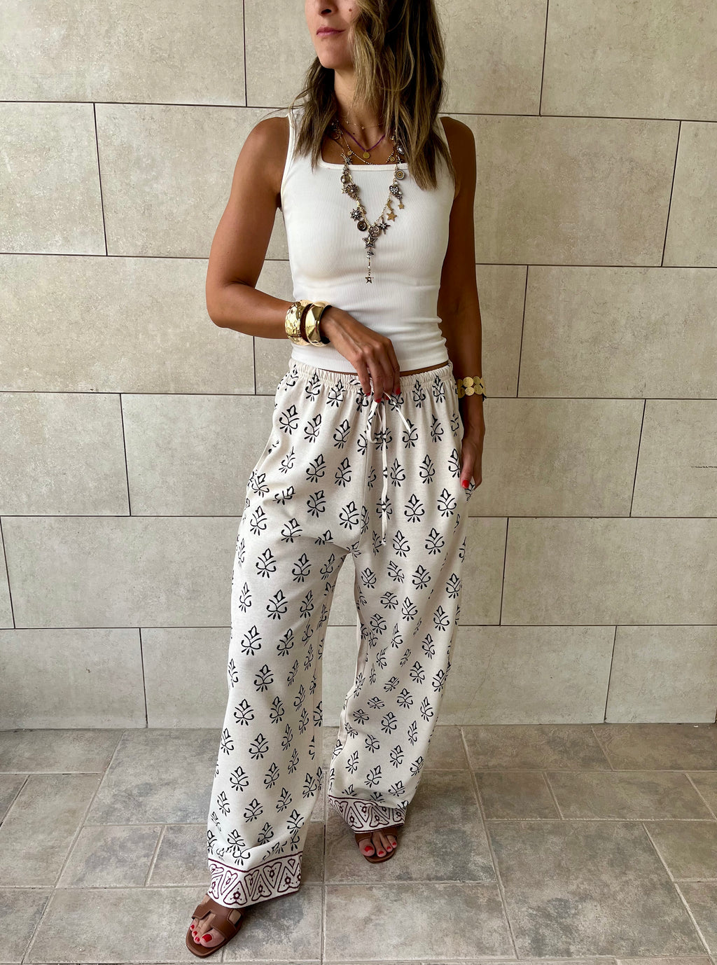 Beige Embroidered Linen Pants