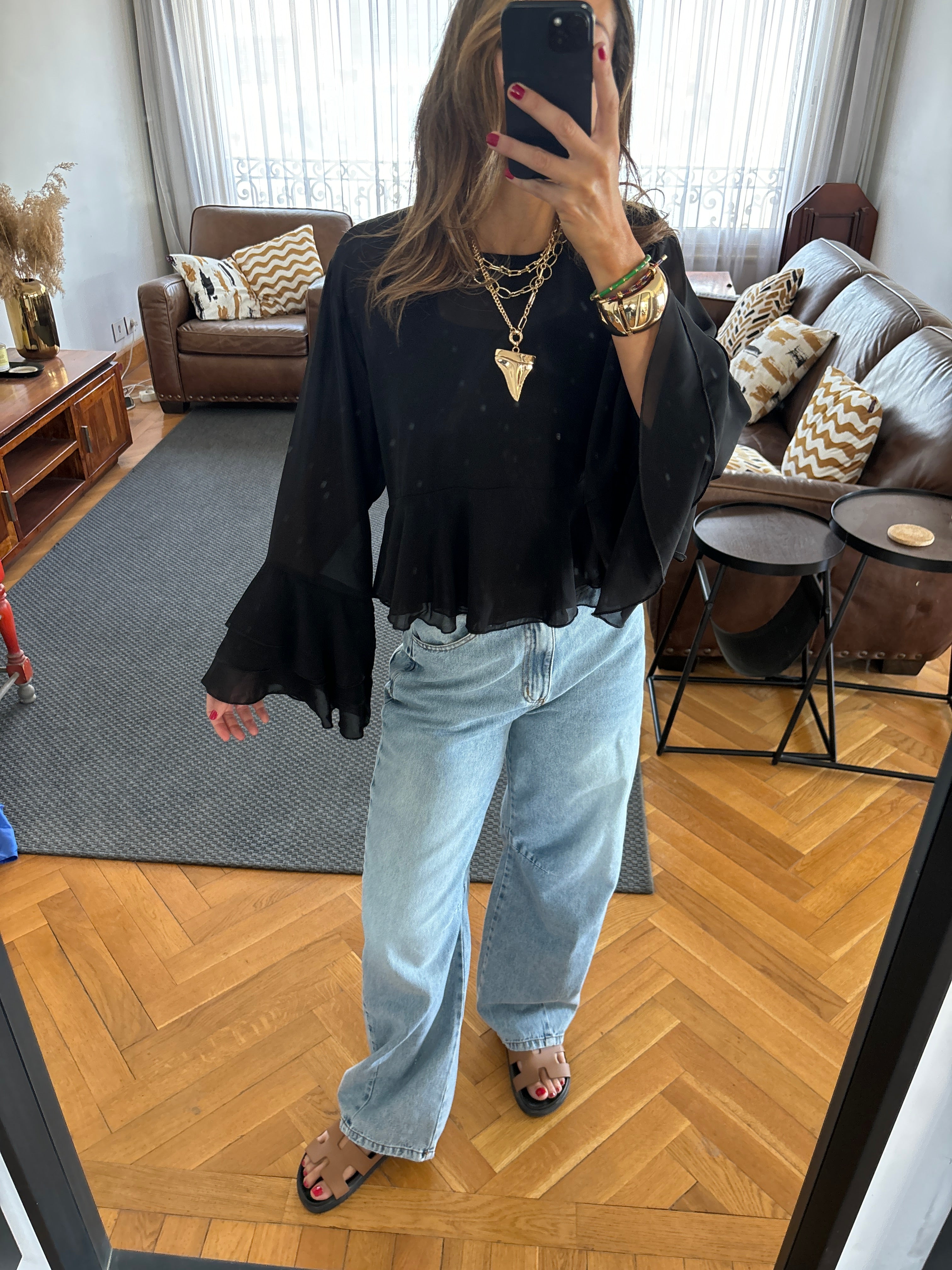 Black Romantic Flowy Chiffon Top