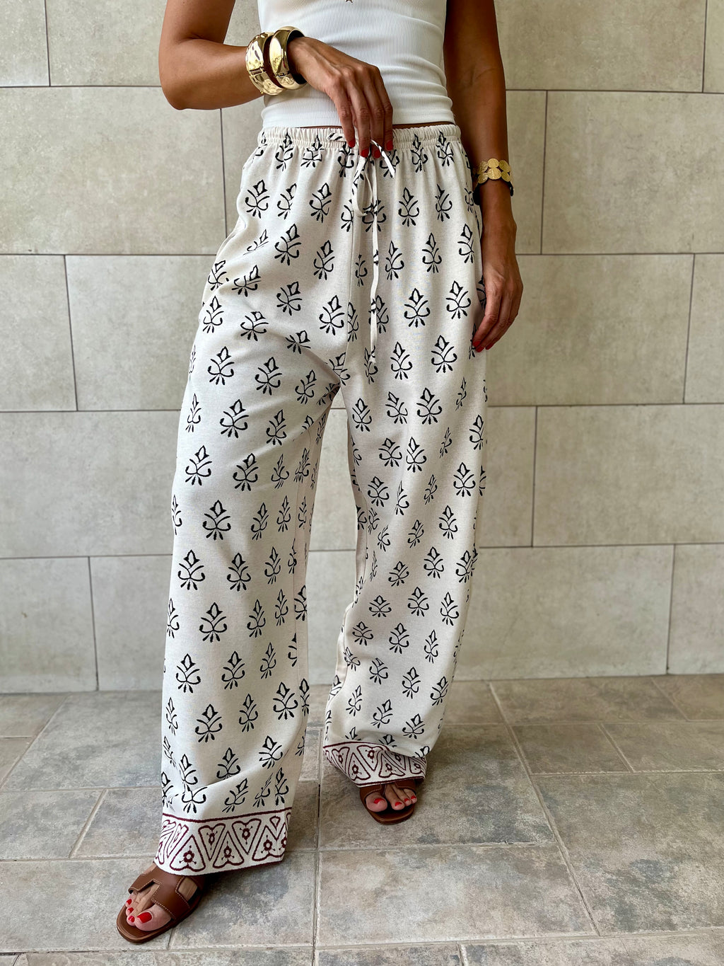 Beige Embroidered Linen Pants