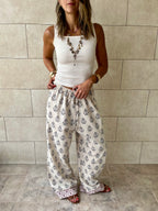 Beige Embroidered Linen Pants