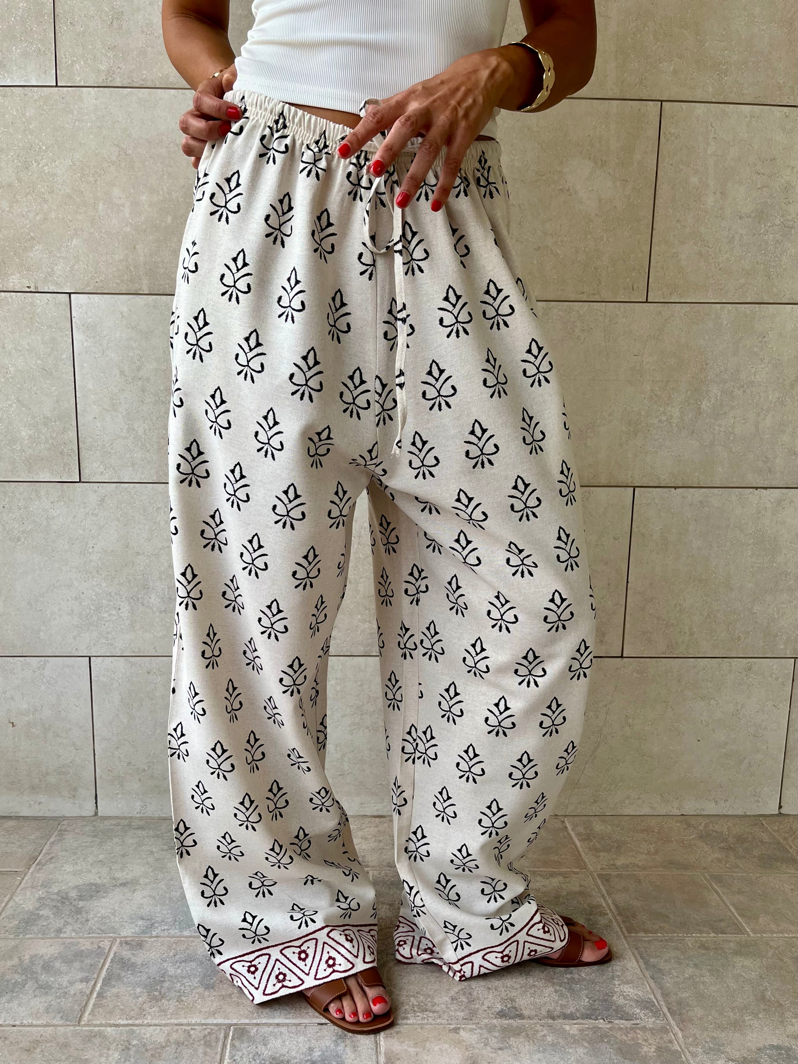 Beige Embroidered Linen Pants