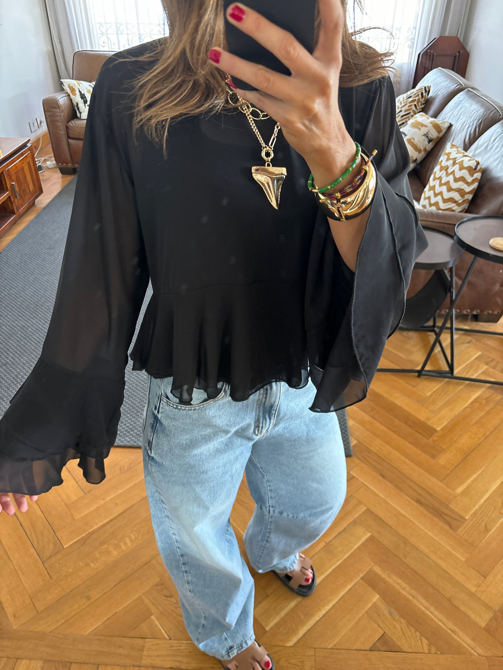 Black Romantic Flowy Chiffon Top