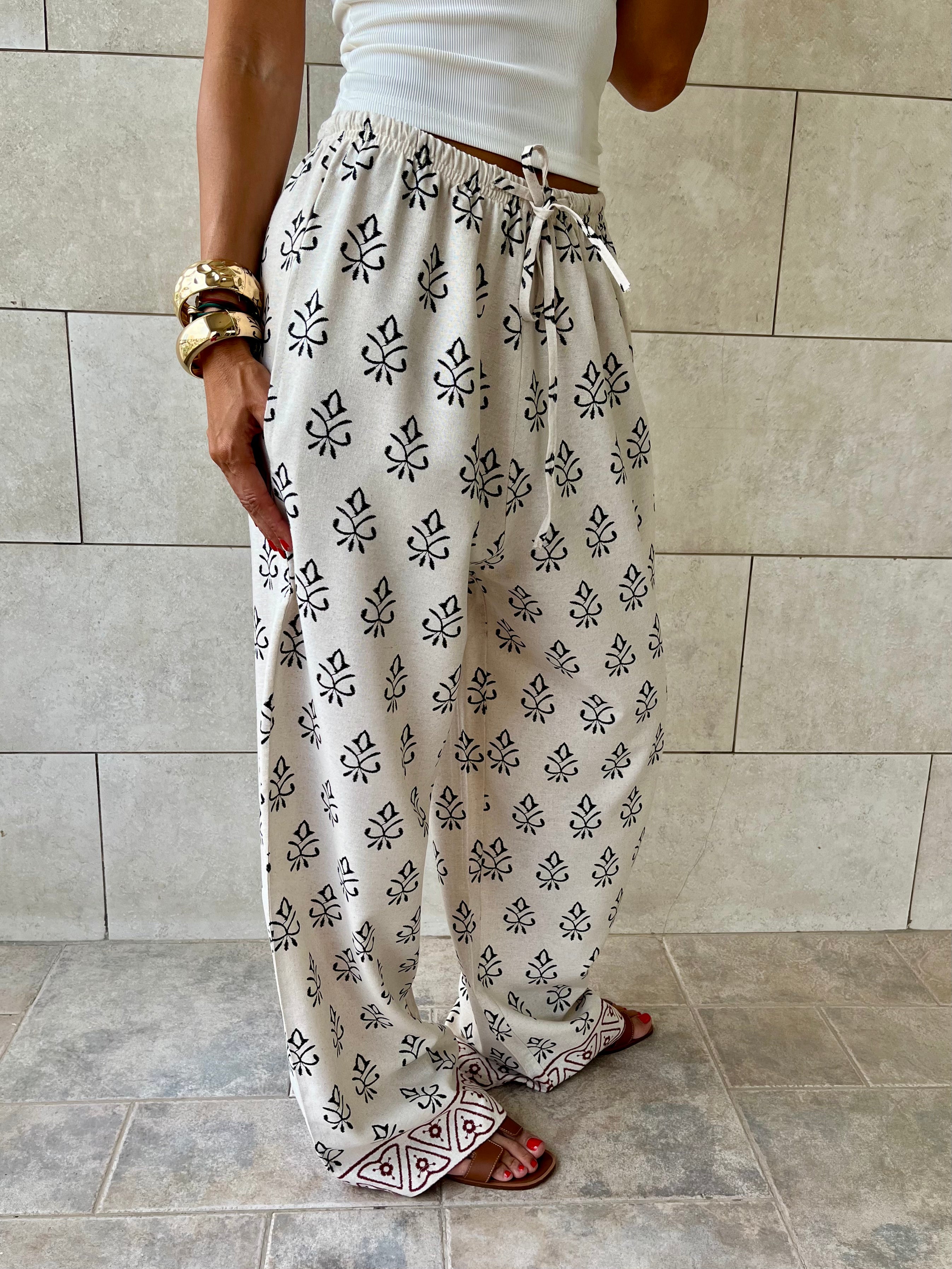 Beige Embroidered Linen Pants