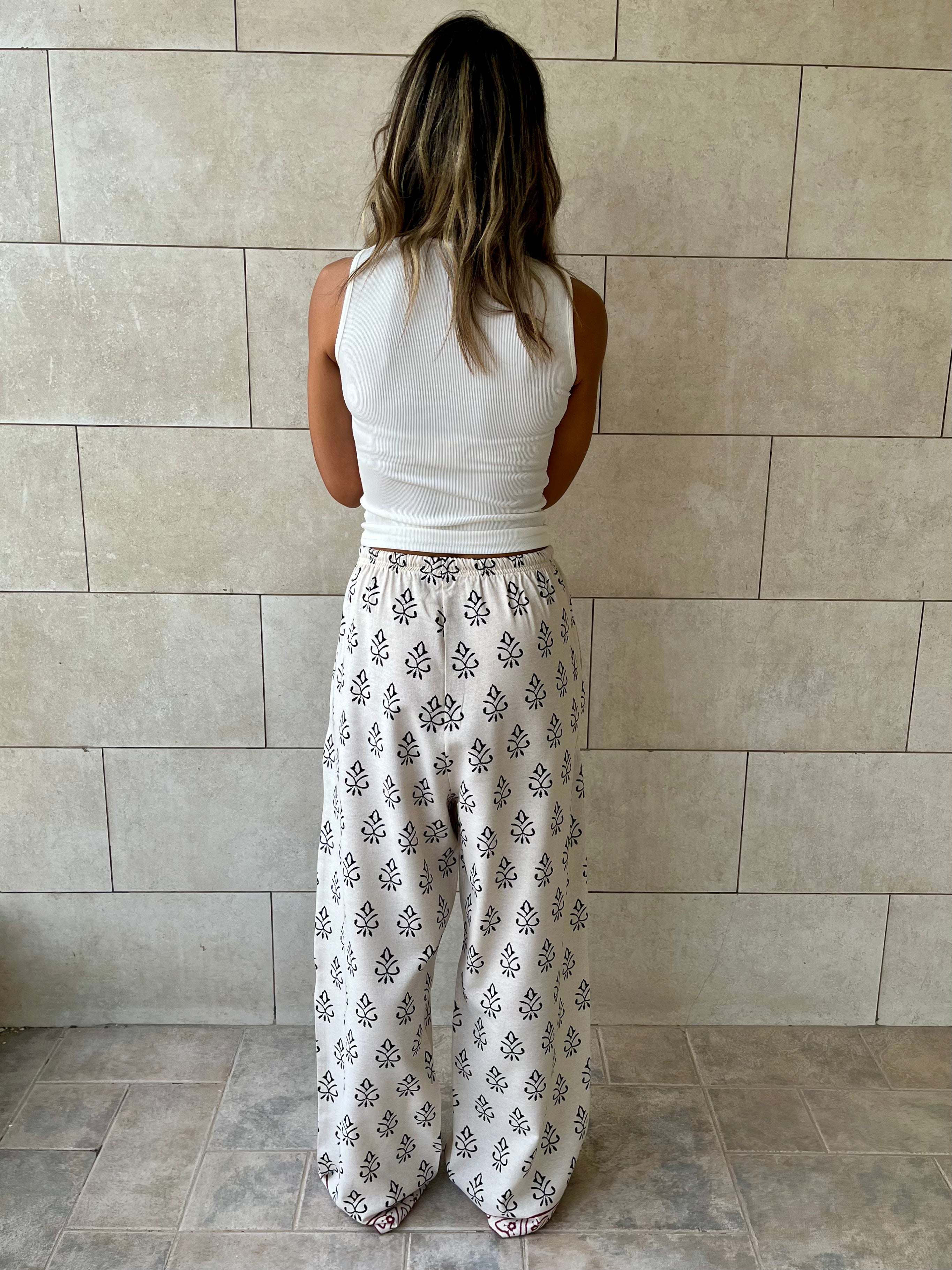 Beige Embroidered Linen Pants
