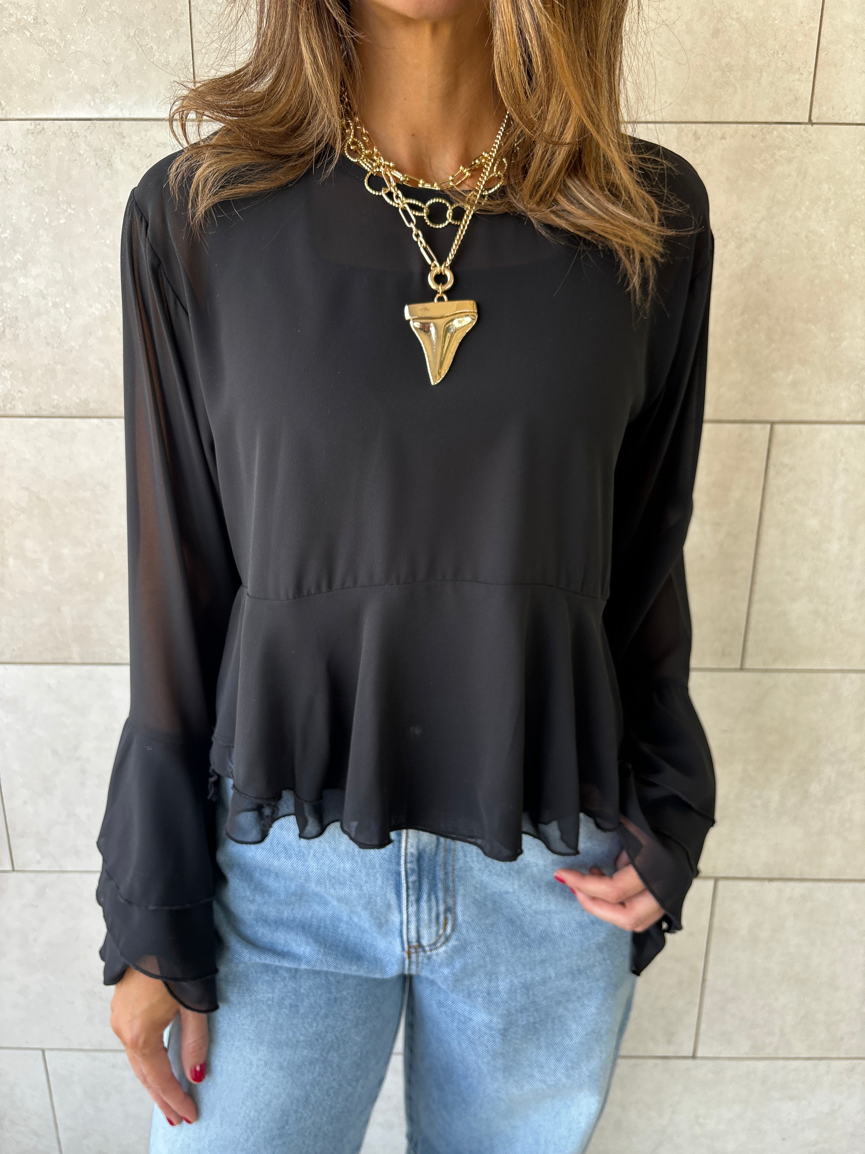 Black Romantic Flowy Chiffon Top