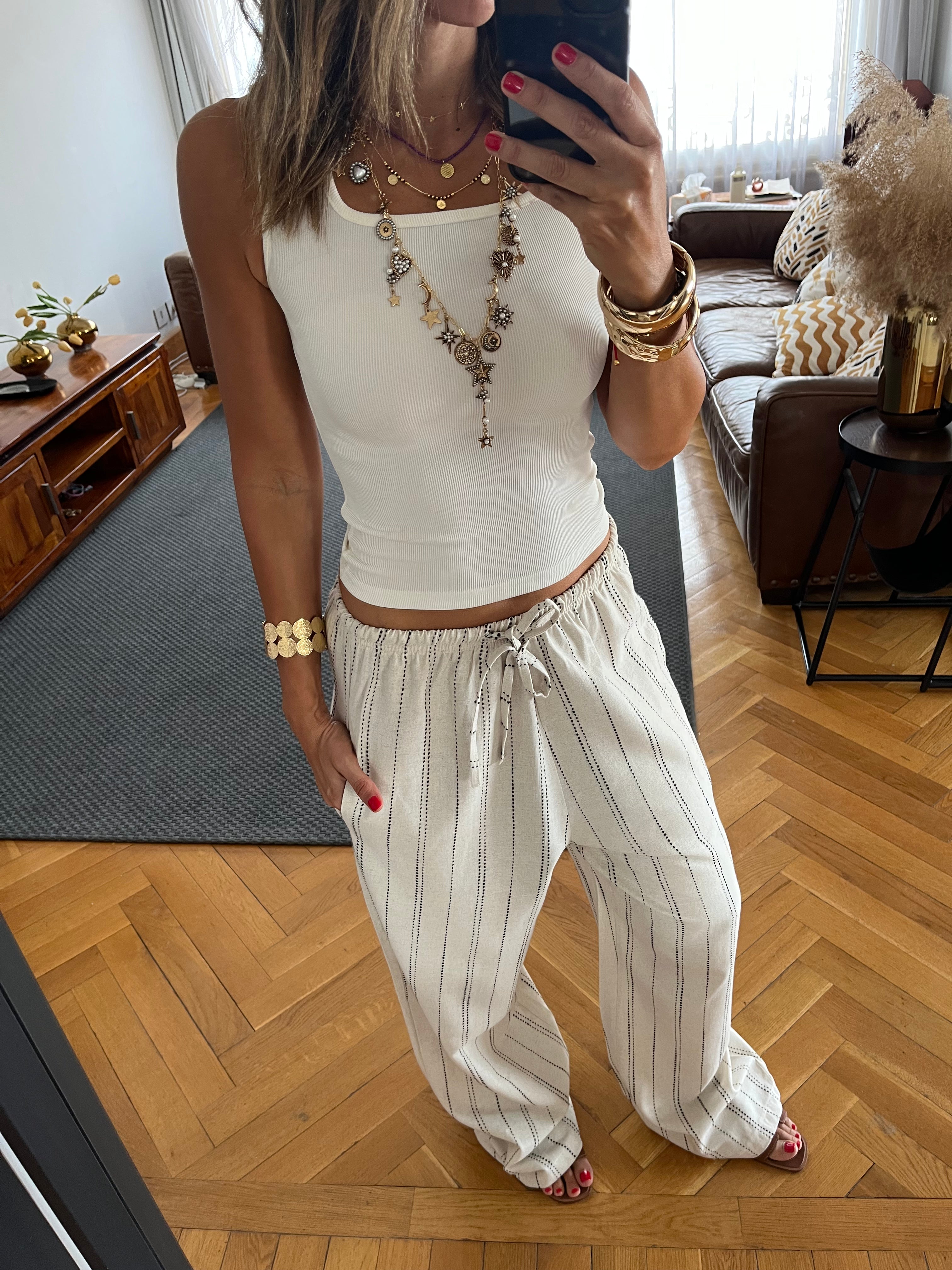 Beige Striped Rope Linen Pants