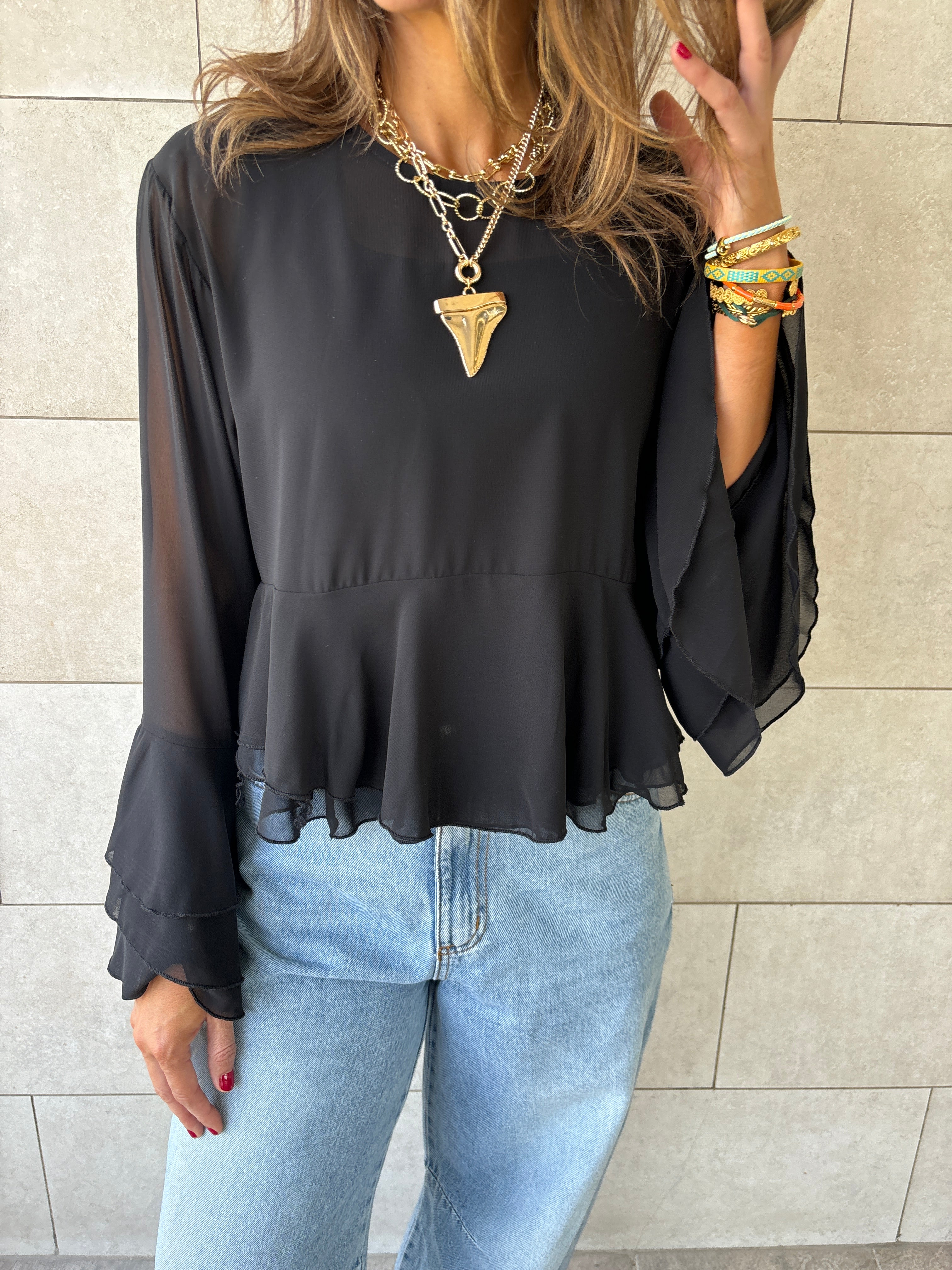 Black Romantic Flowy Chiffon Top