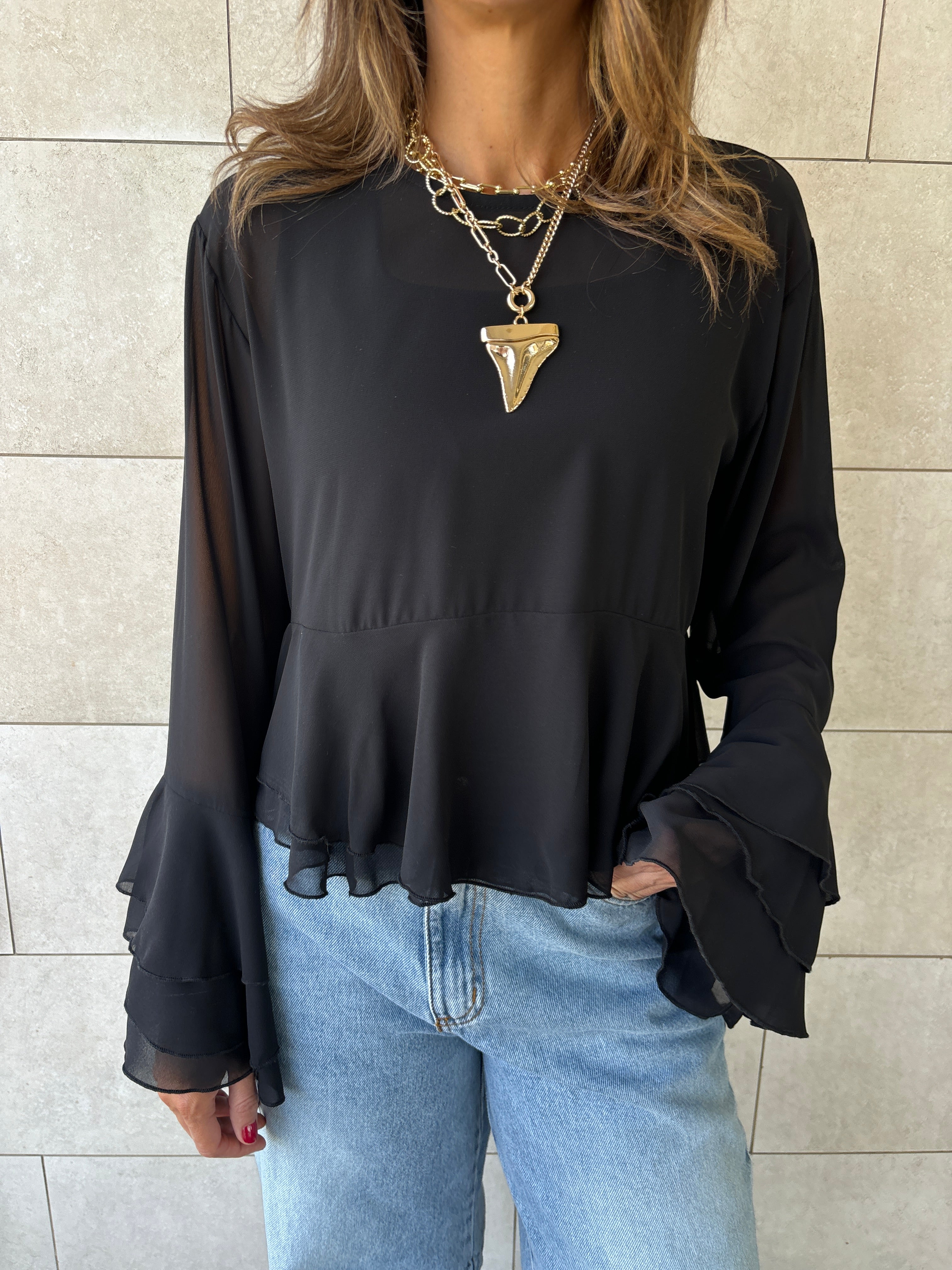 Black Romantic Flowy Chiffon Top