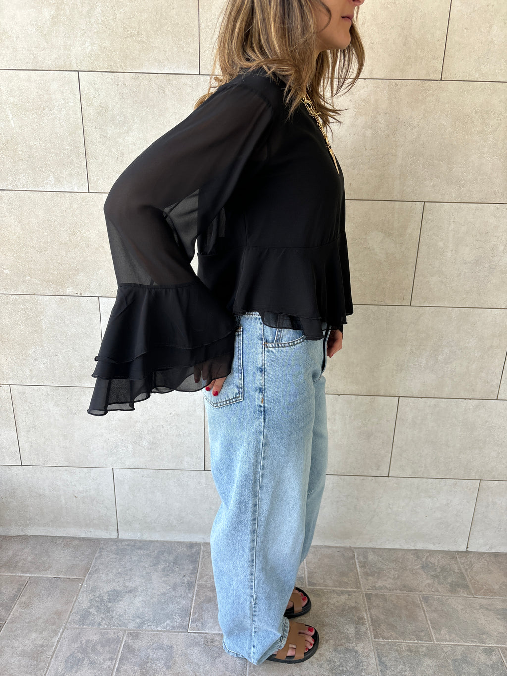 Black Romantic Flowy Chiffon Top