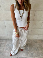 Beige Striped Rope Linen Pants