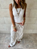 Beige Striped Rope Linen Pants